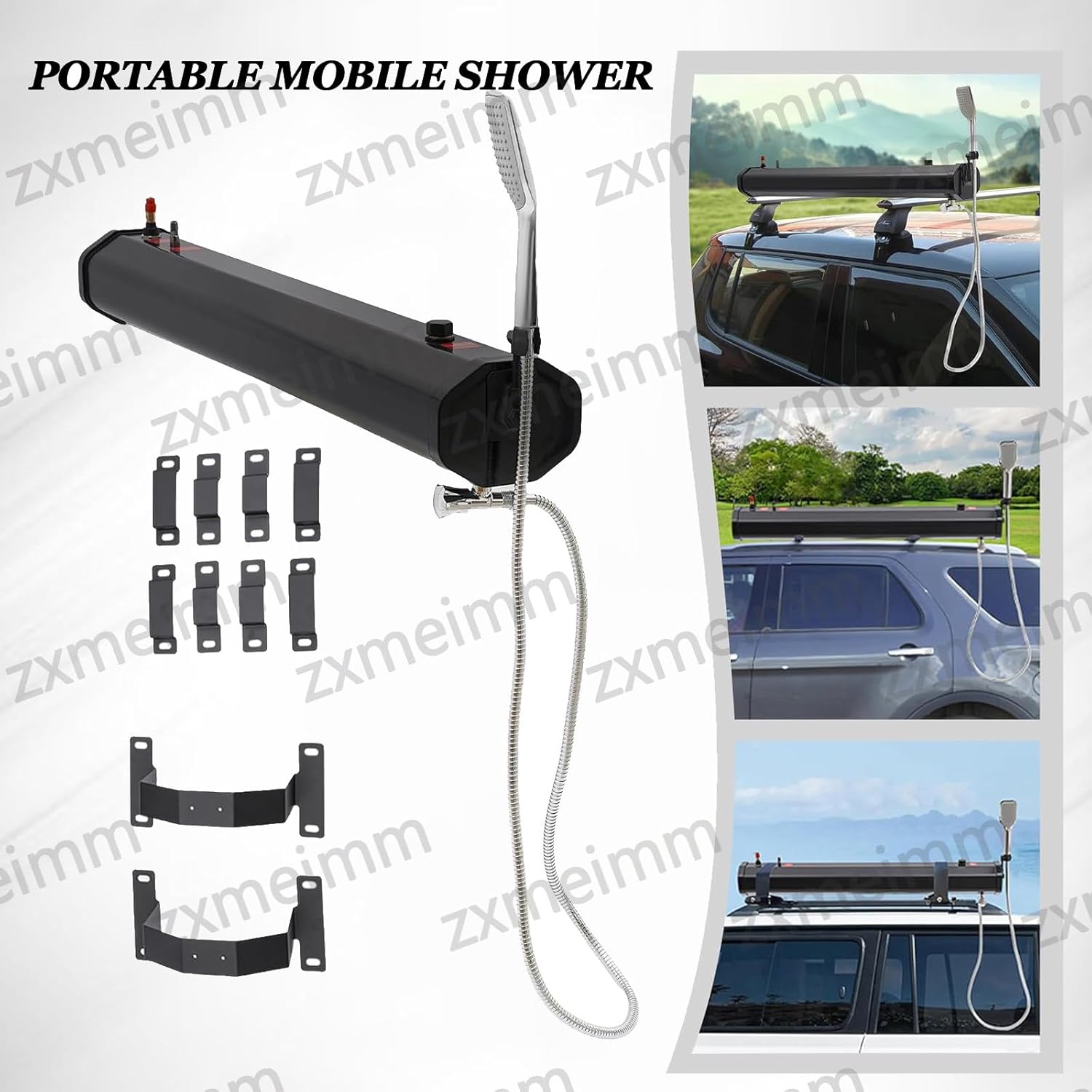 Roof Rack Mount Road Shower, Pressurized Water Tank for Camping Shower w/Water Pipe & Shower Headt, Portable Camping Shower for Vehicle Truck SUV Sedan RV 20L