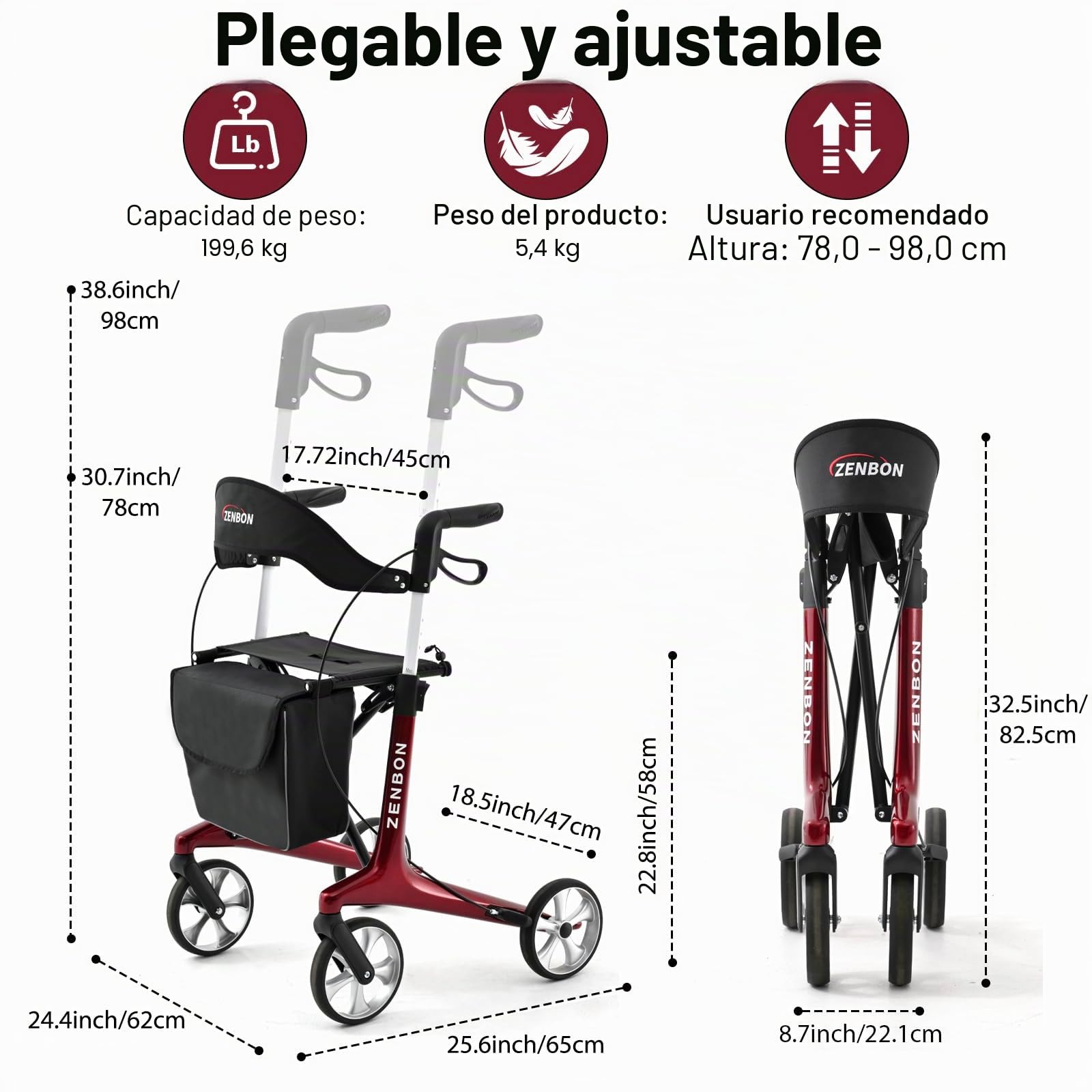 Andador para Ancianos Carbono: Andador Plegable y Ligero con Asiento - Andador Plegable Estrecho para Personas Mayores - Andador de Interior para Viajes en el Maletero (Rojo)