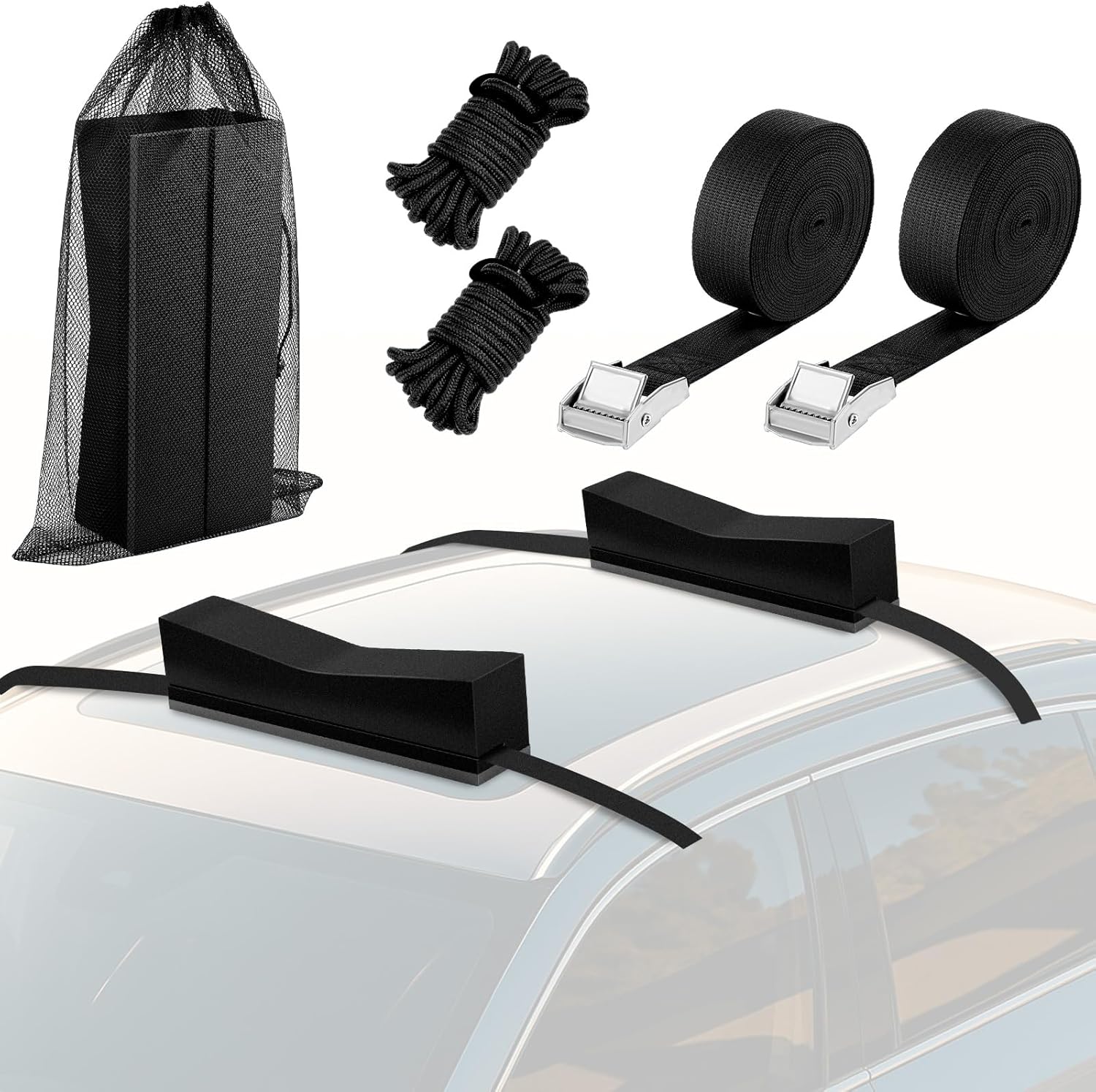 Universal Rack-Free Kayak Carrier Kit for Car Roof, 15.75" Foam Blocks with Tie Down Straps, Car Top Canoe Carrier for Kayak Canoe Surfboard Transport
