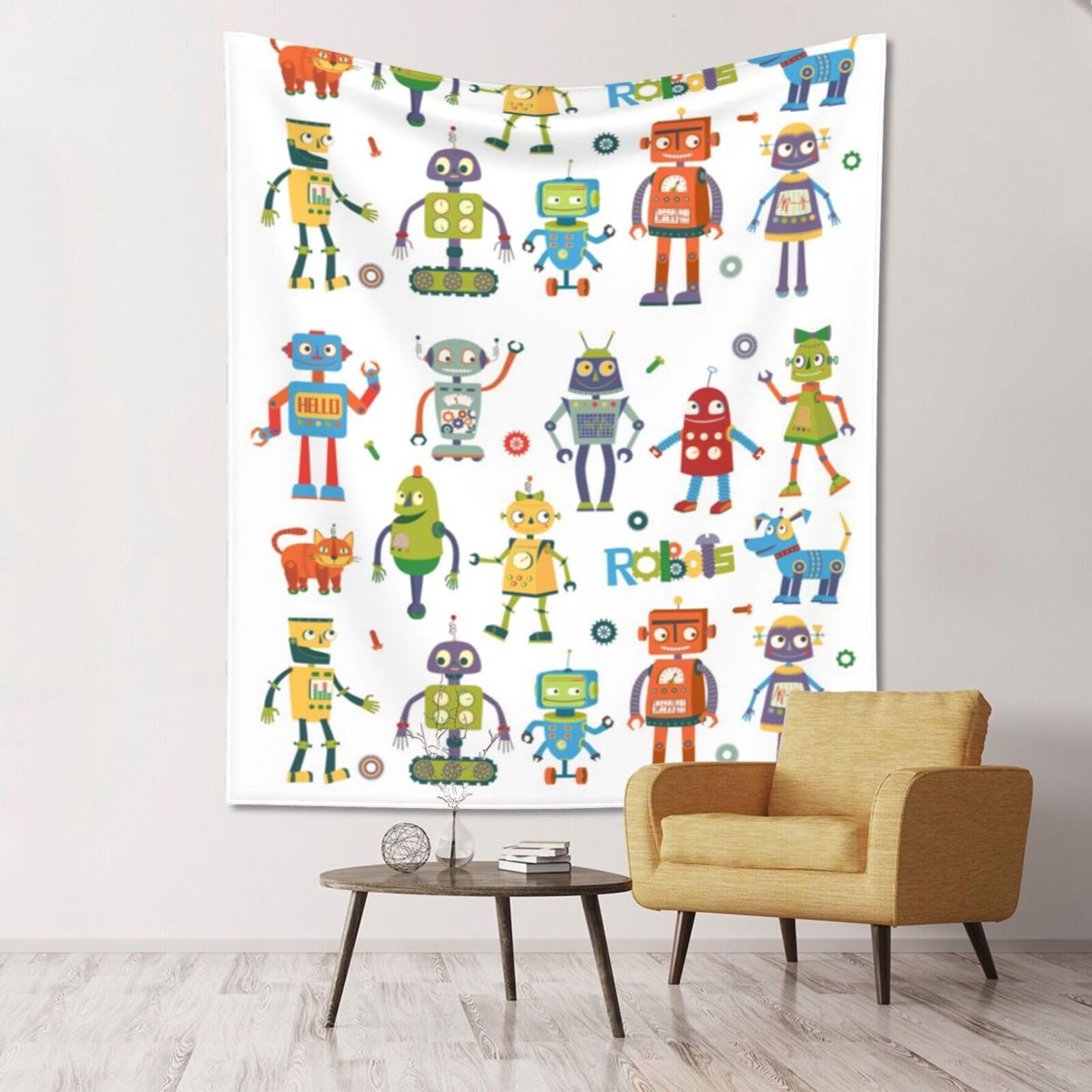 WKSGDSG Large Wall Hanging, Machine Washable Tapestry For Dorm Room, Cute Cartoon Robots, Lightweight Polyester Wall Art For Bedroom Living Room, 152x130cm