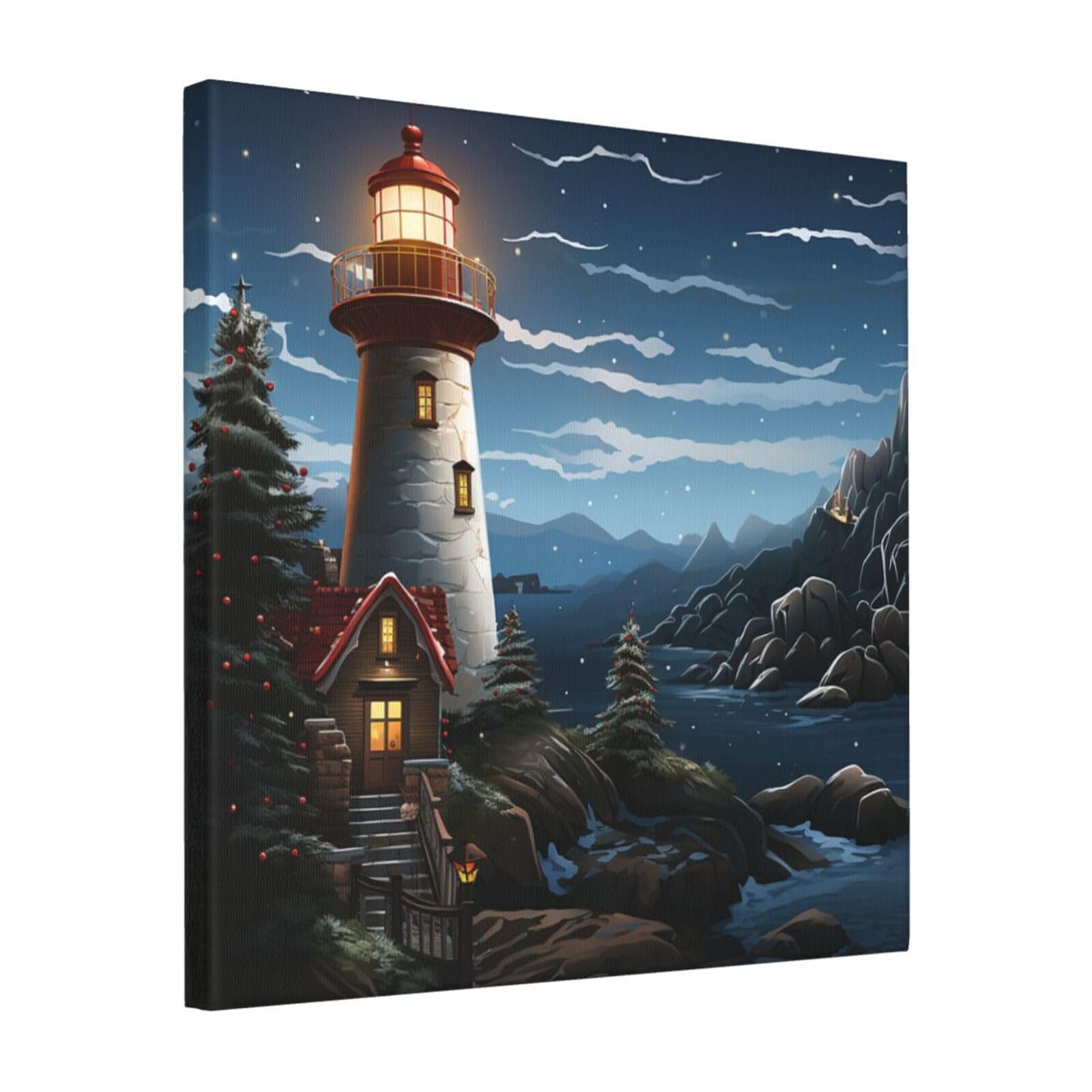 FodPand Santa Claus Lighthouse Canvas Wall Art for Living Room Wall Decor 16"x16" Modern Artwork Painting Pictures Hanging Canvas Prints Aesthetic Wall Art for Bedroom Bathroom Office Wallart Decor