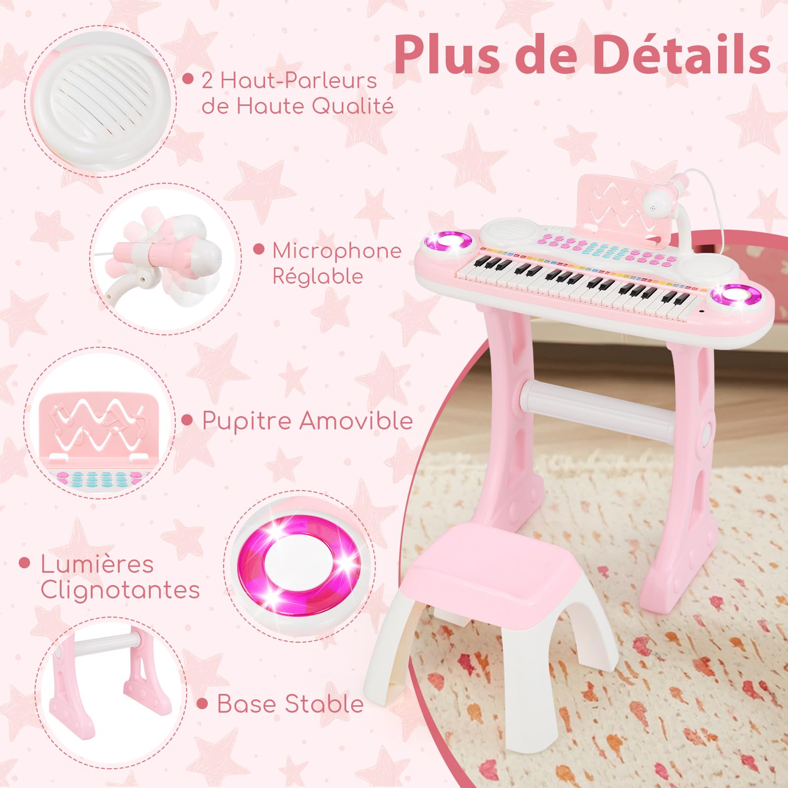 COSTWAY Piano Numérique à 37 Touches Enfants avec Tabouret & Microphone Réglable, Clavier Electronique avec Haut-Parleurs & Lumière, Enregistrement et Lecture, Charge 100kg pour 18 Mois+ - 4