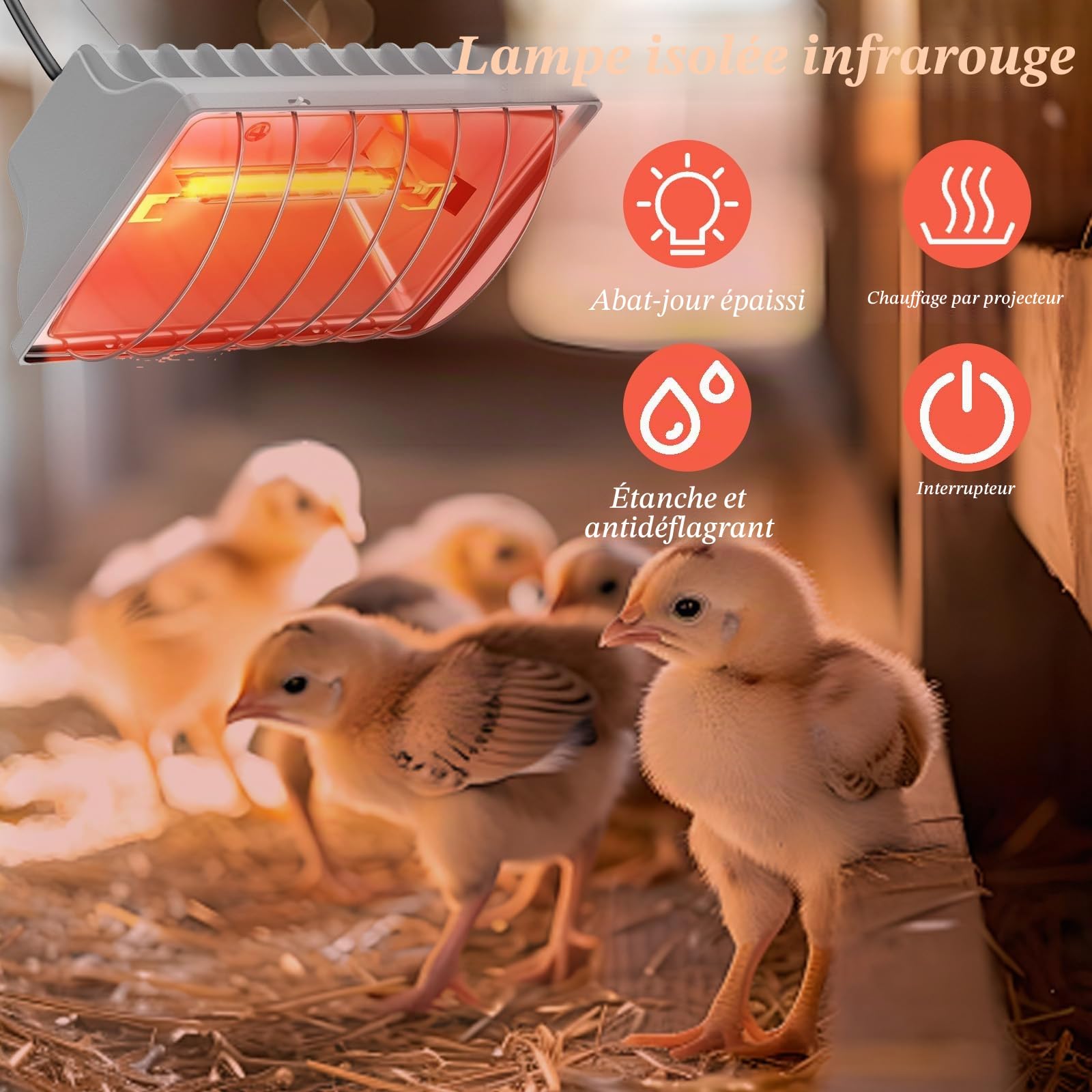 Chauffant Poussin, 250W Chauffage Pour Poulailler avec interrupteur économique, câble d'alimentation 1.8m, lampe infrarouge thermostatique automatique pour poulets, canards, chiots, animaux d'élevage
