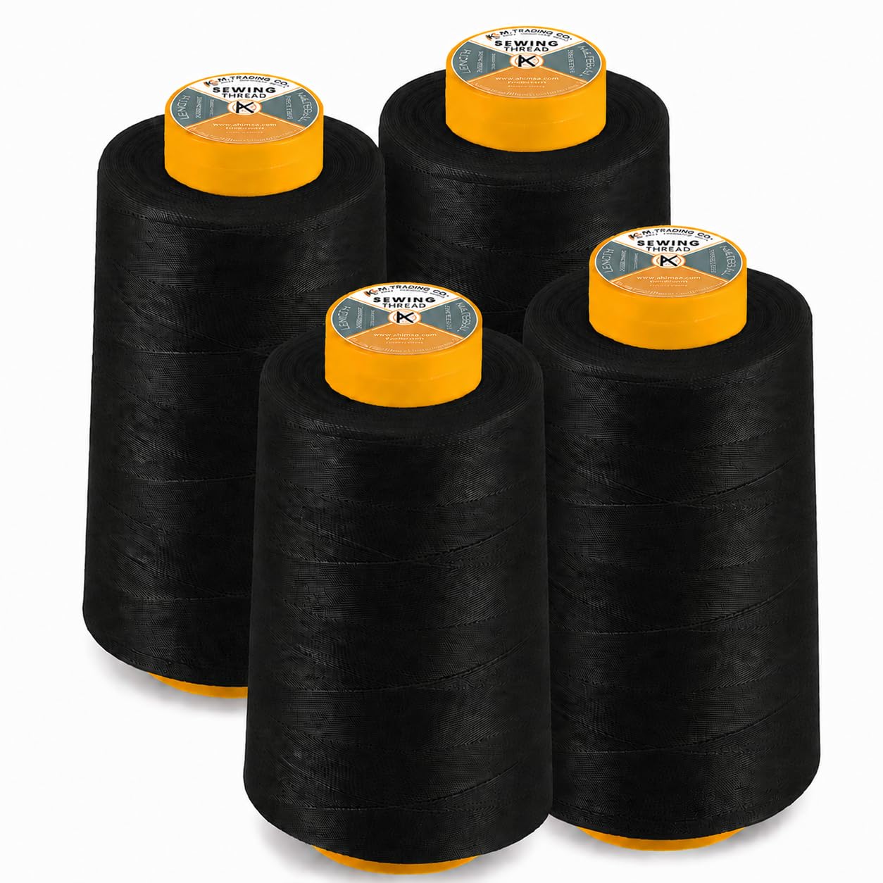 AK Trading 4-Pack Black All Purpose Sewing Thread Cones (6000 Yards Each) of High Tensile Polyester Thread Spools for Sewing, Quilting, Serger Machines, Overlock, Merrow & Hand Embroidery.
