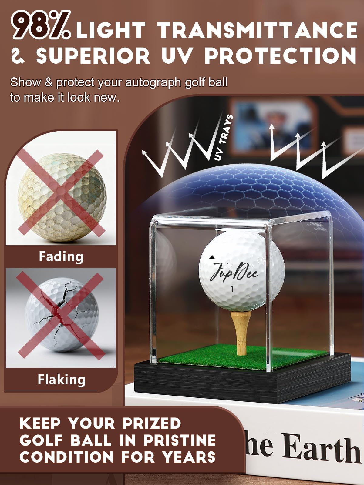 JupDec Vitrina para pelotas de golf, acrílico transparente, soporte de cubo con base de madera y camiseta, caja de almacenamiento transparente con protección contra el polvo para colecciones de
