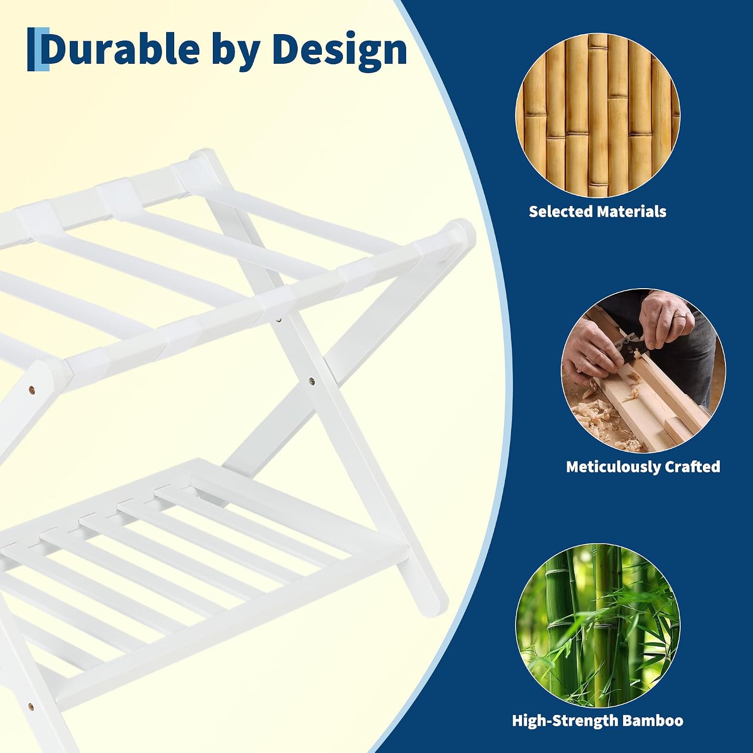 Bamboo Luggage Rack, Folding Suitcase Stand with Storage Shelf & 5 Durable Nylon Straps,Space-Saving Suitcase Stand for Bedroom, Guest Room, Hotel, White