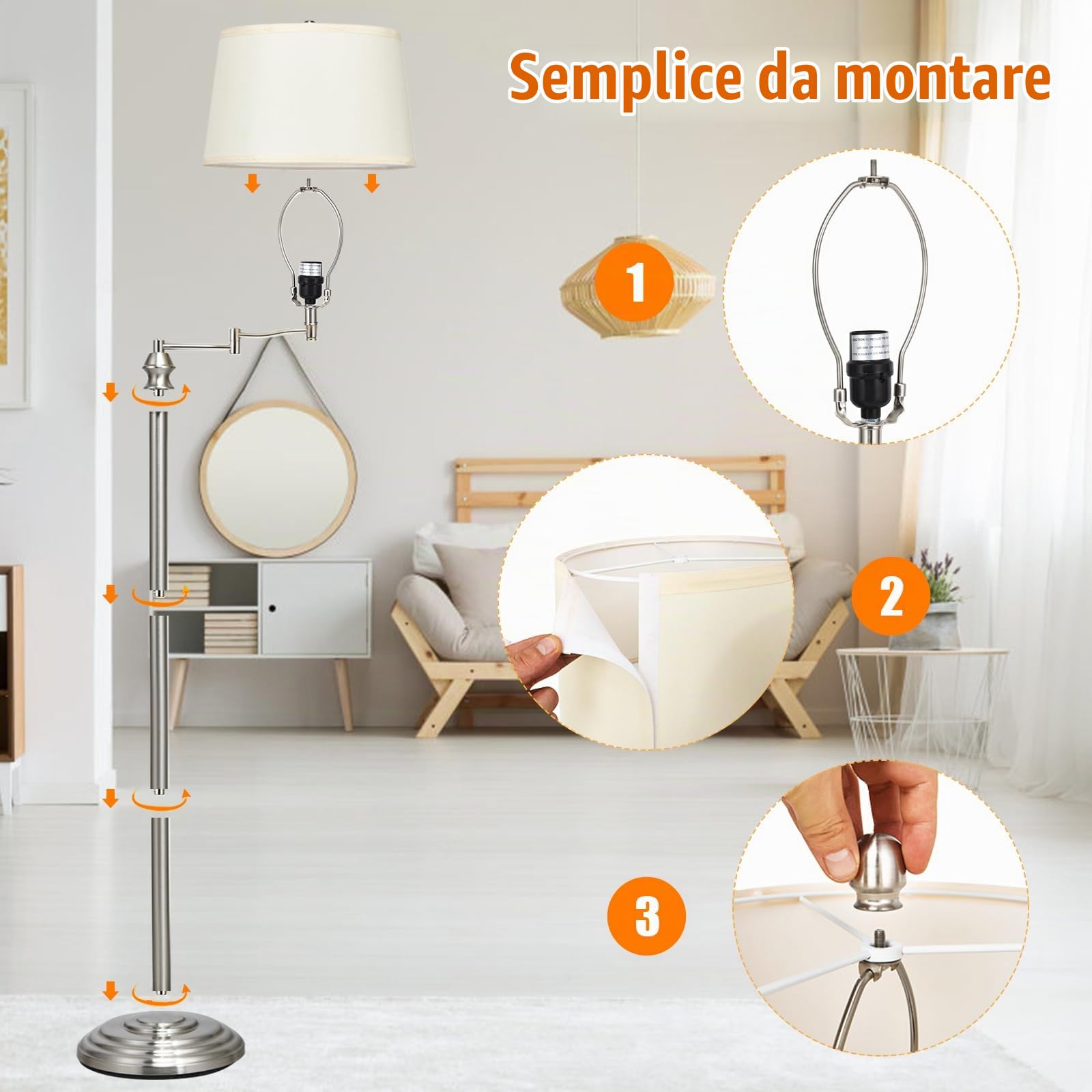 HOMASIS Lampada da Terra, Lampada da Piantana, Lampada Girevole ed Estensibile con Paralume Beige in Tessuto e Base Stabile in Ferro, Senza Lampadina, E27,40W, per Salotto, Studio, 28,5 x 152 cm