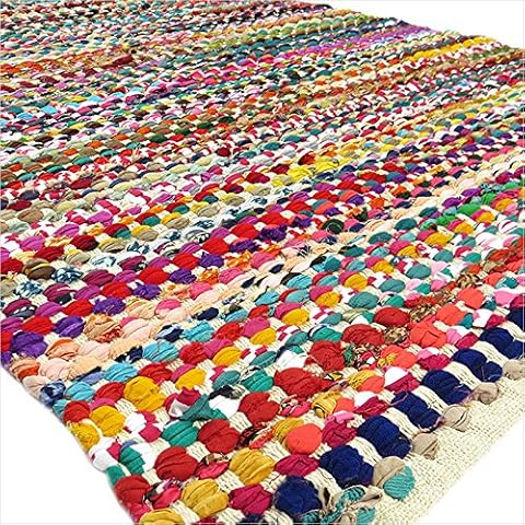 Eyes of India - 2 X 3 ft Colorful Chindi Woven Area Rag Rug Multicolor White Rug Braided Floor Mat Bohemian Accent Boho Chic Decorative Indian Handmade Handwoven Cover