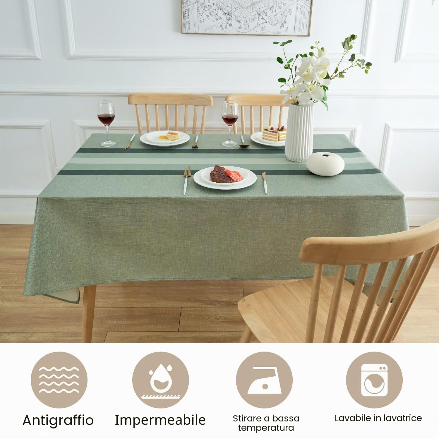 Tovaglia Righe Moderna 240x140 Tovaglia Rettangolare Verde Lino Vintage Tavolo da Giardino per Esterni Copritavolo da Cucina Resistente alle Intemperie per Primavera Autunno Compleanno