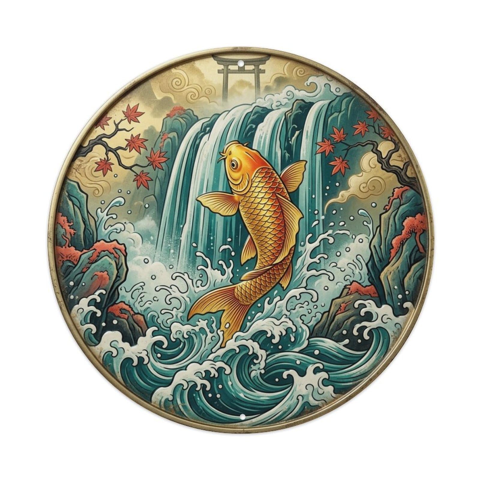 Dragon Gate Ascending Falls Koi Fish 2 Vintage Metal Tin Sign Plaque Wall Decor for Cafe, Club Bar, Office, Garden Metal Poster 8x8Inch