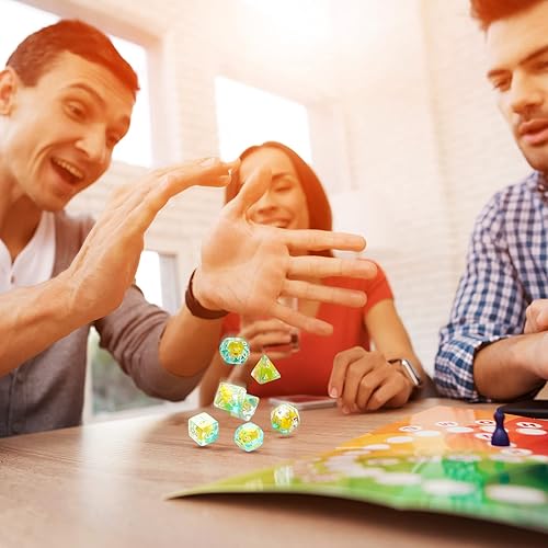 Miniatura 6 de Kathfly Juego de 14 dados de goma de resina, poliédricos rellenos de animales, patos de goma translúcidos con 2 bolsas negras para juego de mesa,