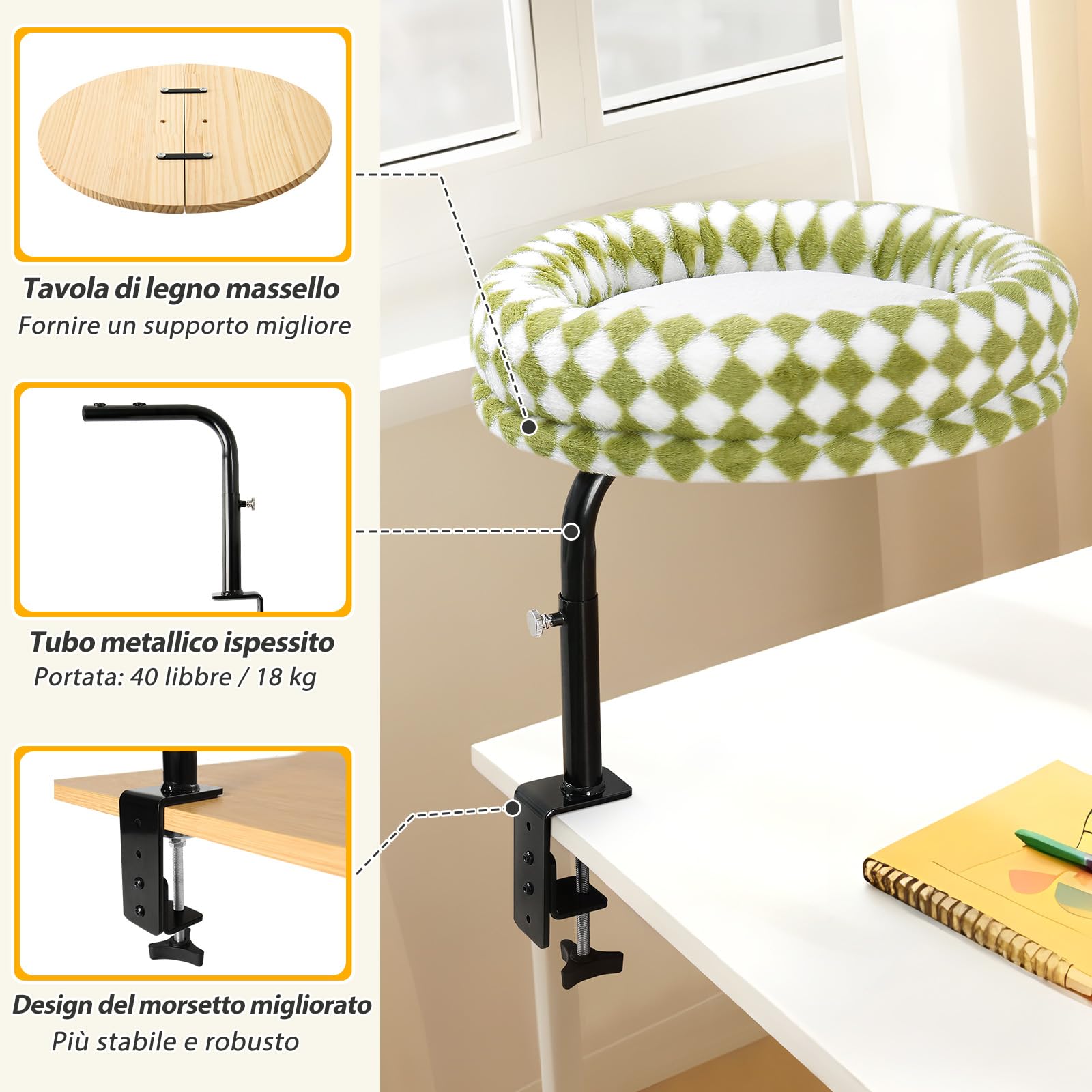 GUUSII HOME Letto per Gatti da Scrivania Girevole a 360° Rialzato Amaca Cuccia Gatti da Interno Fino a 18kg Lettino Trespolo per Gatto Facile da Montare Lavabile in Lavatrice Cat Desk Bed (Verde)