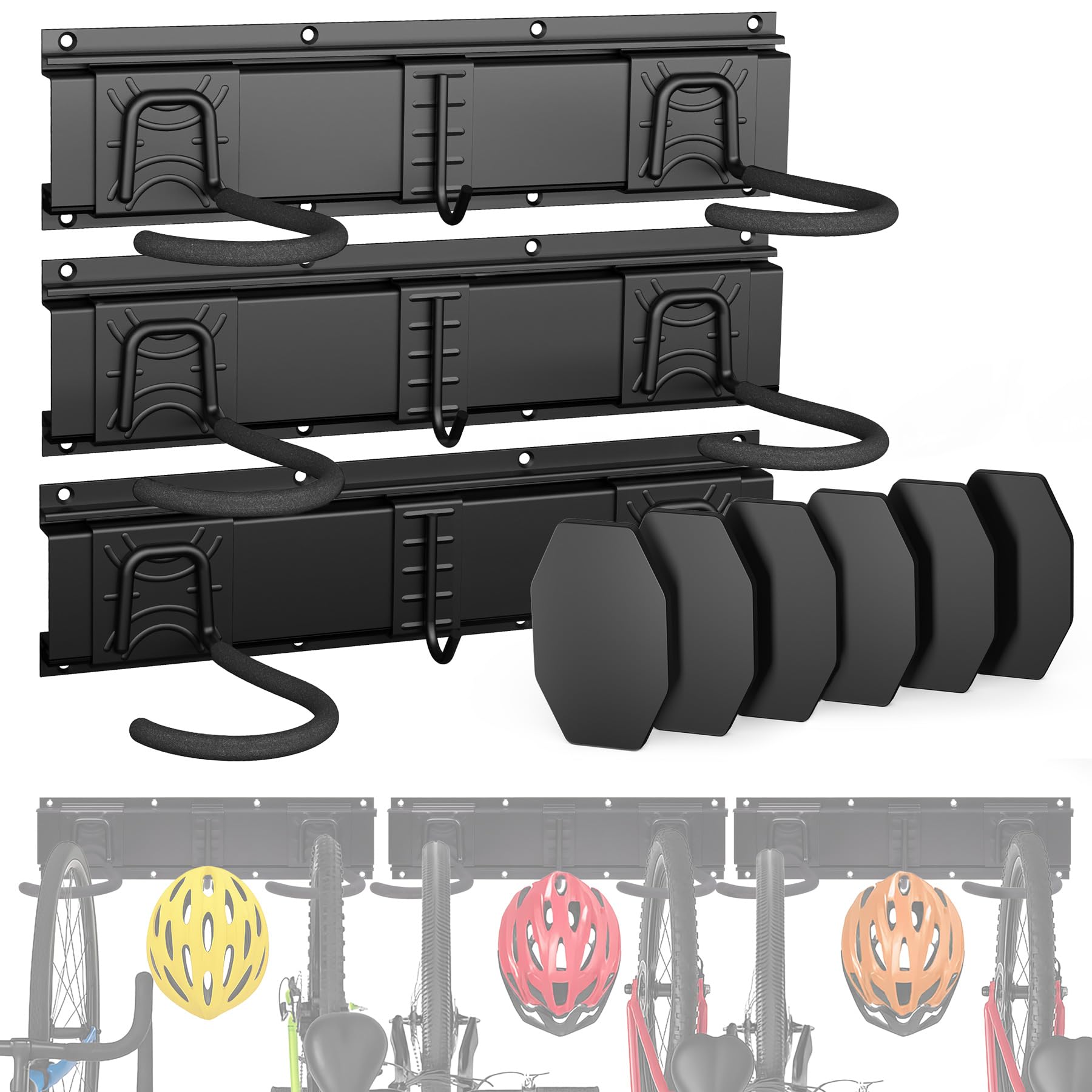 Vounot® Support Mural Vélos Pour 4 Vélos + 2 Casques - Métal Noir - Dimensions 82x17.5x10 Cm - Charge 150 Kg - Avec Coussinets Anti-Taches