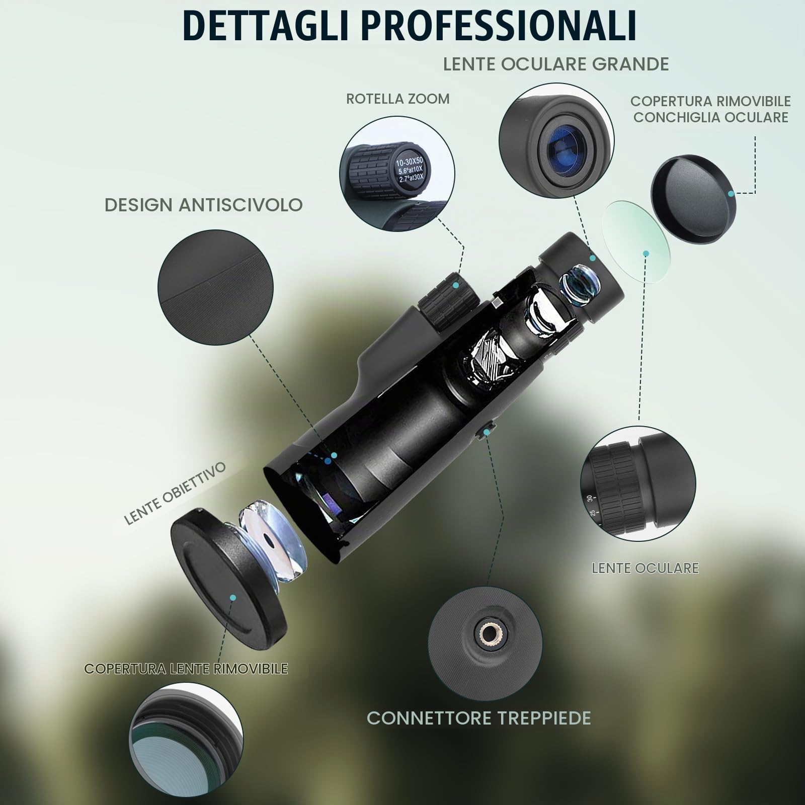 Telescopio Monoculare 10-30x50 per Adulti, Cannocchiale Monoculare HD Impermeabile con Smartphone per Birdwatching, Escursionismo, Caccia, Campeggio, Viaggi (black)