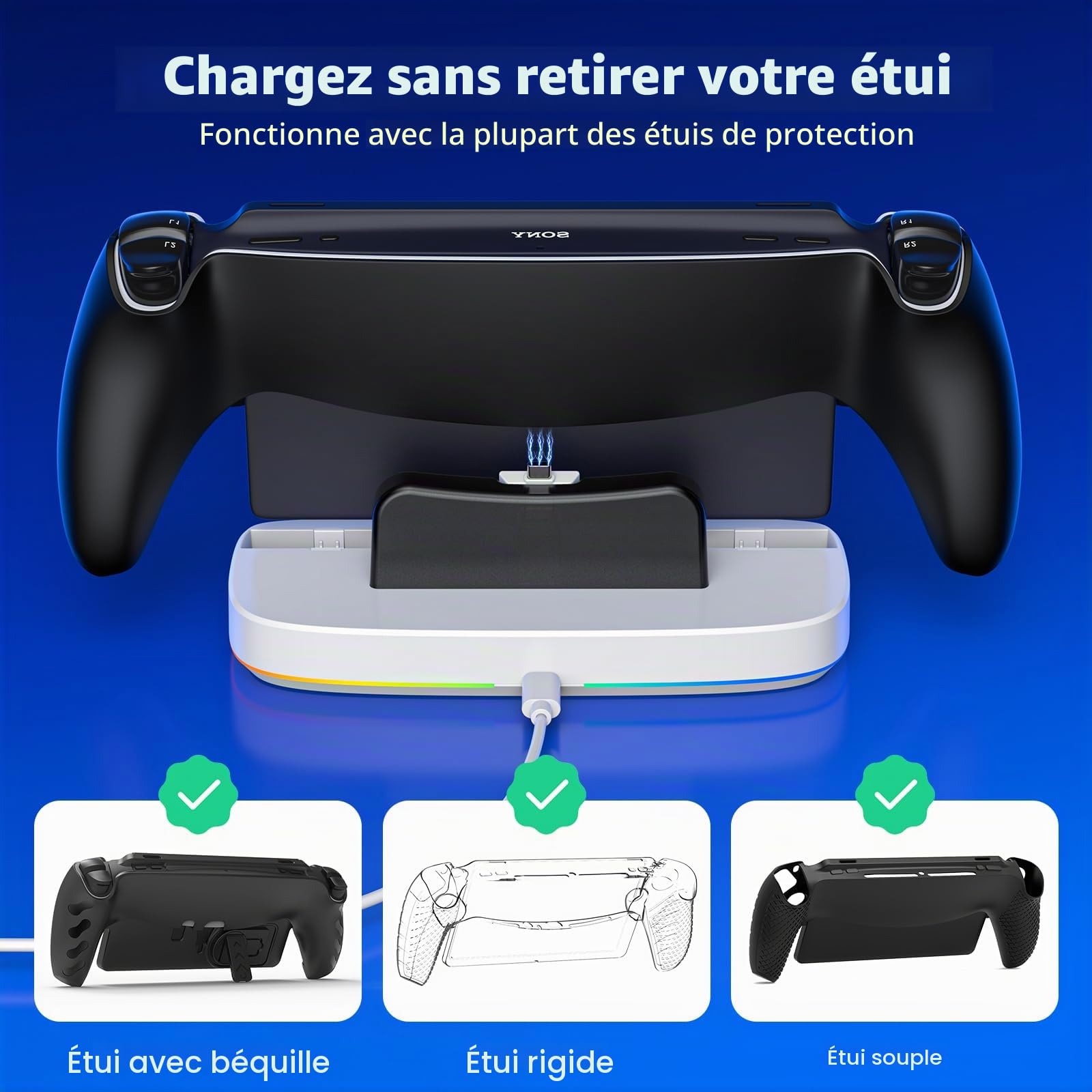 NEWDERY Station de Charge Compatible avec Les étuis pour PS Portal | Station de charge magnétique USB-C avec 9 modes d'éclairage RVB, compatible avec le lecteur distant PlayStation Portal, blanc