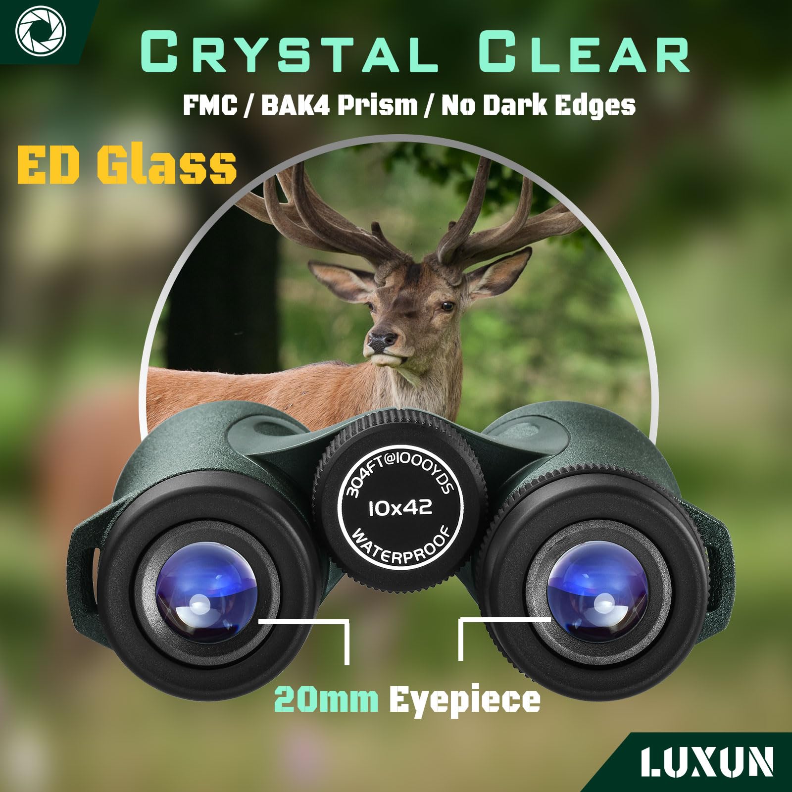 LUXUN Jumelles 10x42, Jumelles en Verre Ed pour Adultes, Prisme BAK4 IPX7 étanche et antibuée pour la Chasse, l'observation des Oiseaux et l'extérieur avec Harnais de Jumelles (Vert)