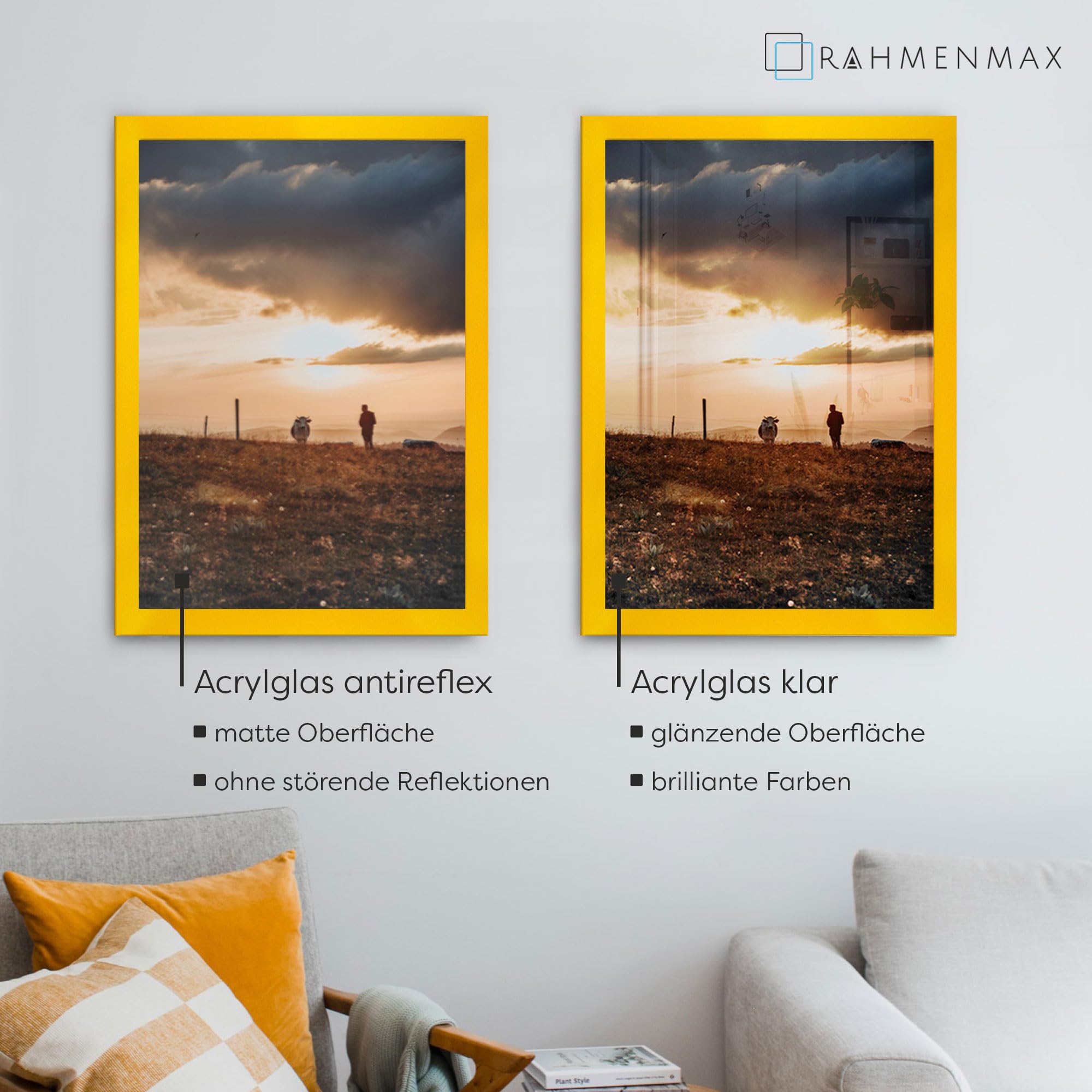 Morena MDF Rahmen für Bild 76x99cm Gelb mit Acrylglas | zum Aufhängen Hoch- und Querformat/Maßanfertigung möglich/Puzzle Rahmen/mit 1mm Antireflex Acrylglas