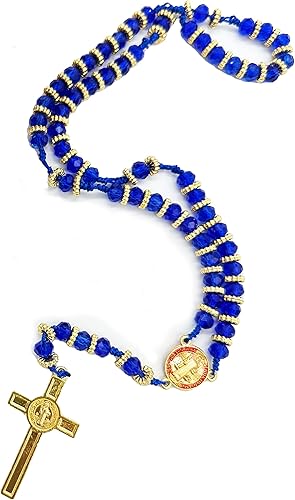 Collar de rosario con medalla de San Benito con cristales azules, rosario católico y crucifijo de Jesús, regalos de oración para mujer