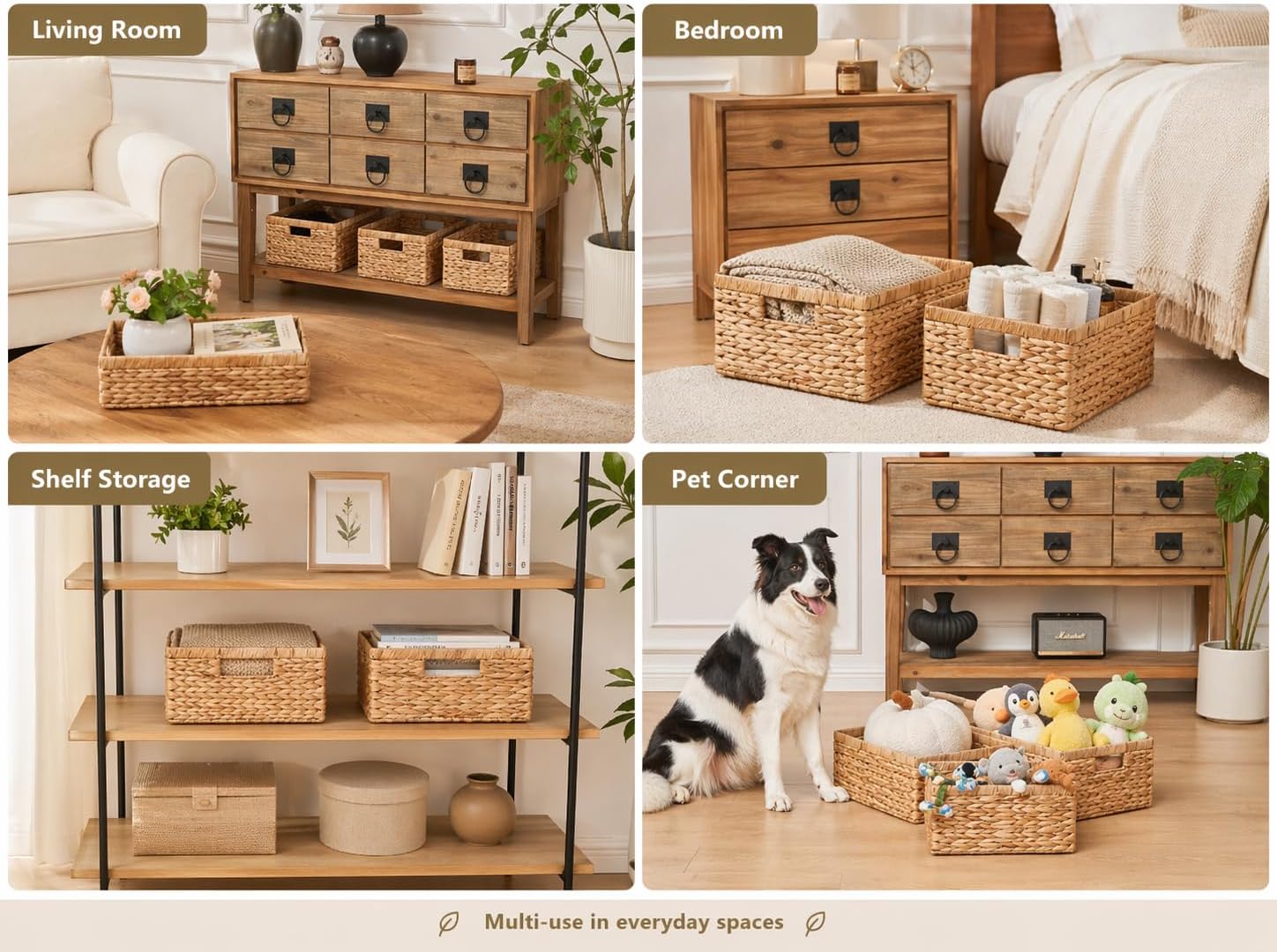 Wicker Storage Basket, Water Hyacinth Storage Baskets for Organizing, Rectangular Wicker Storage Baskets for Shelves, Medium Wicker Basket with Built-in Handles, Natural(14.17"x10.24"x6.69")