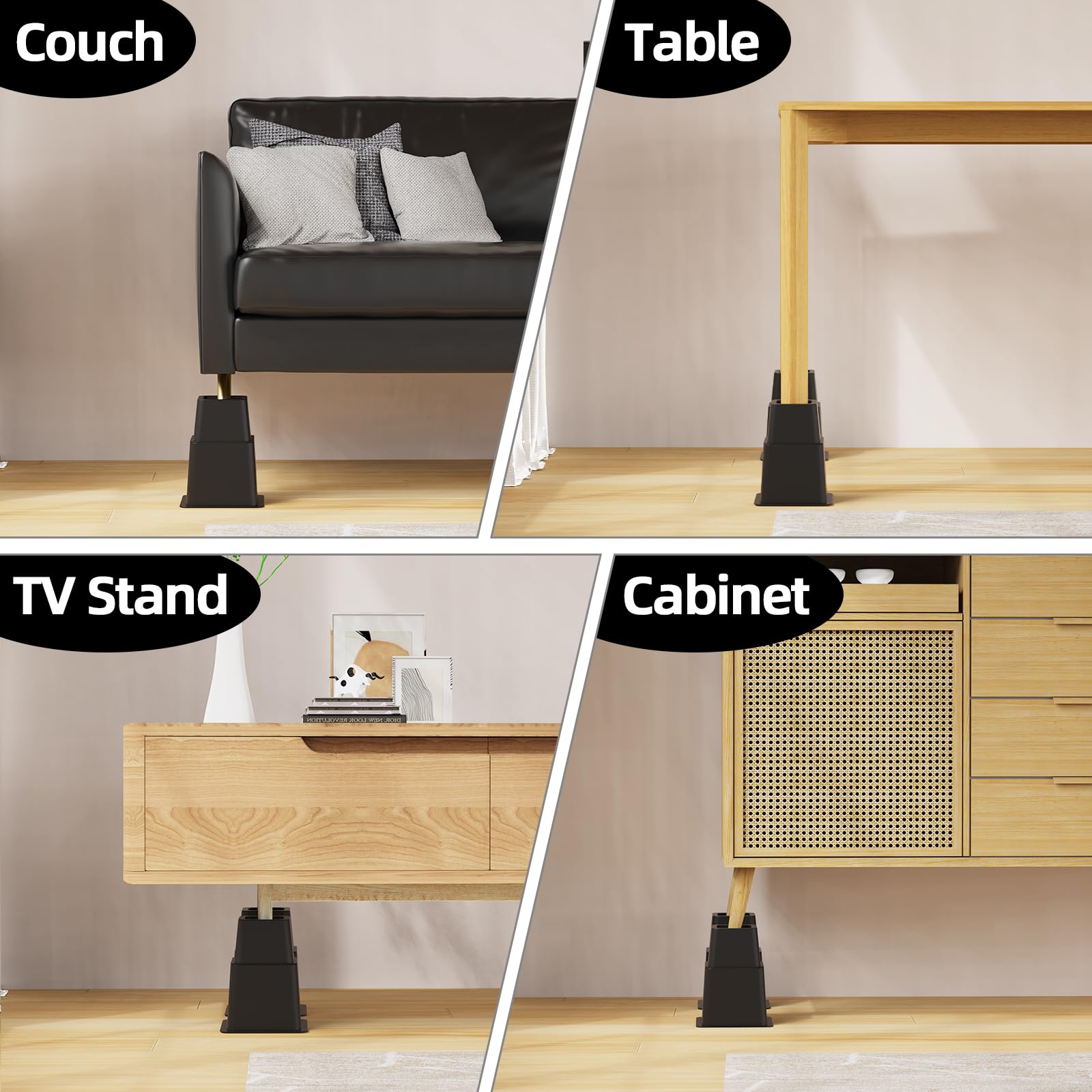 Rialzi per letto da 3, 5 o 20,3 cm, resistenti, regolabili per mobili, per letto, divano, tavolo, sedia, supporta fino a 680 kg (set da 6, nero)