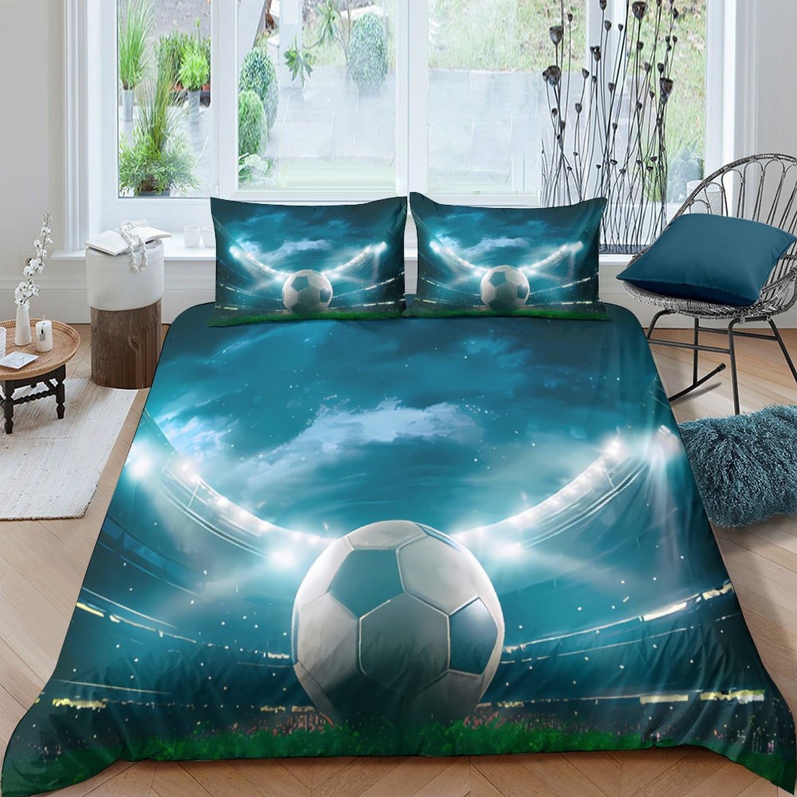 TUFRTGYHN 3D Printed Football Stadium Duvet Cover Microfiber Soft Breathable Bedding Set with 2 Pillowcases for Bedroom Living Room Single（135x200cm）