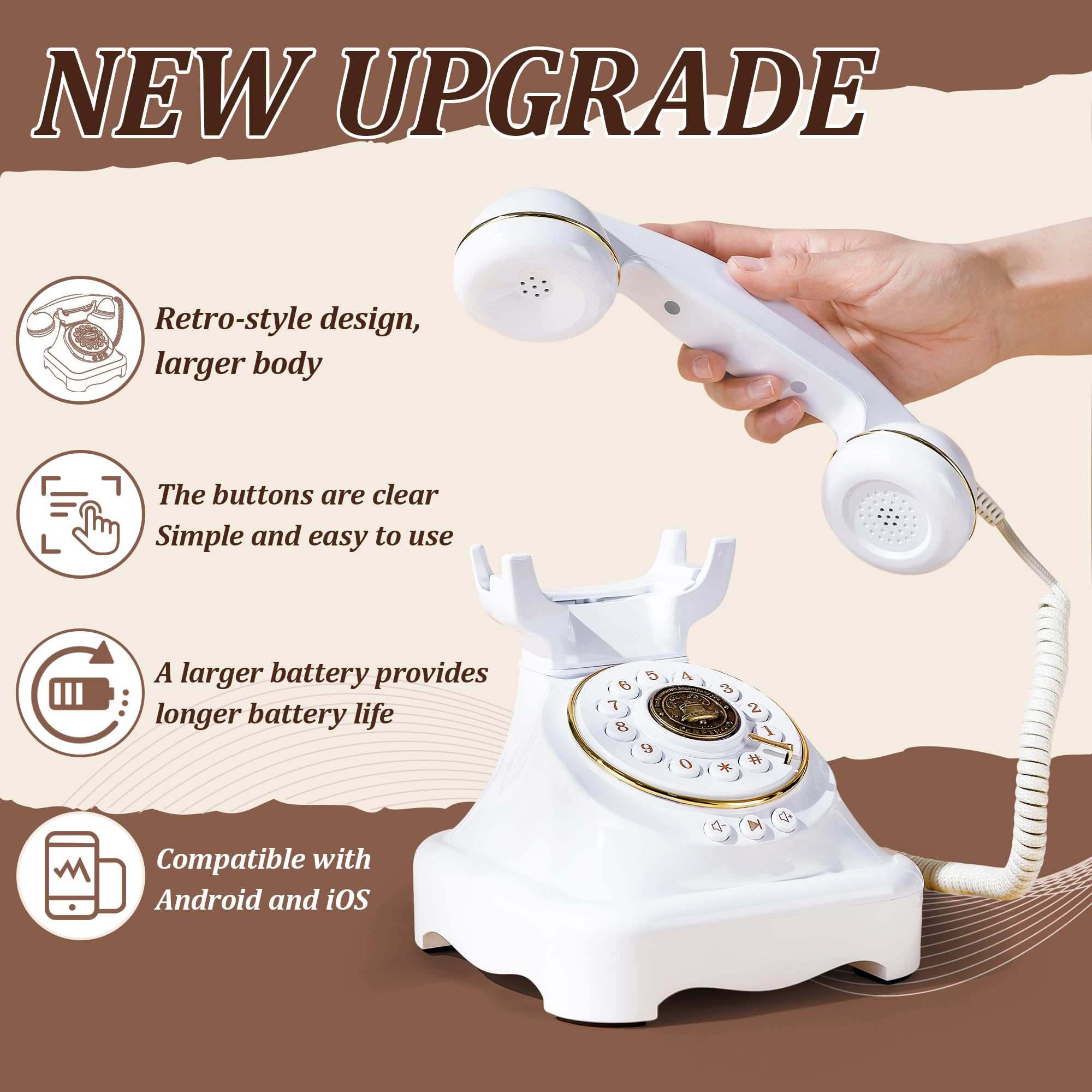 Telefono Bluetooth retrò, classico telefono fisso Bluetooth con vivavoce e ricaricabile USB, chiamate in vivavoce e riproduzione di musica per casa, ufficio, soggiorno, comodino (grande