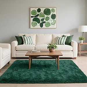 Zentavio Emerald Green Rugs for Bedroom 4x6 Dark Green Area Rugs for Living Room Fluffy Fake Grass Carpet for Kids Room Playroom Furry Shag Aesthetic Soft High Pile Washable Home Decor