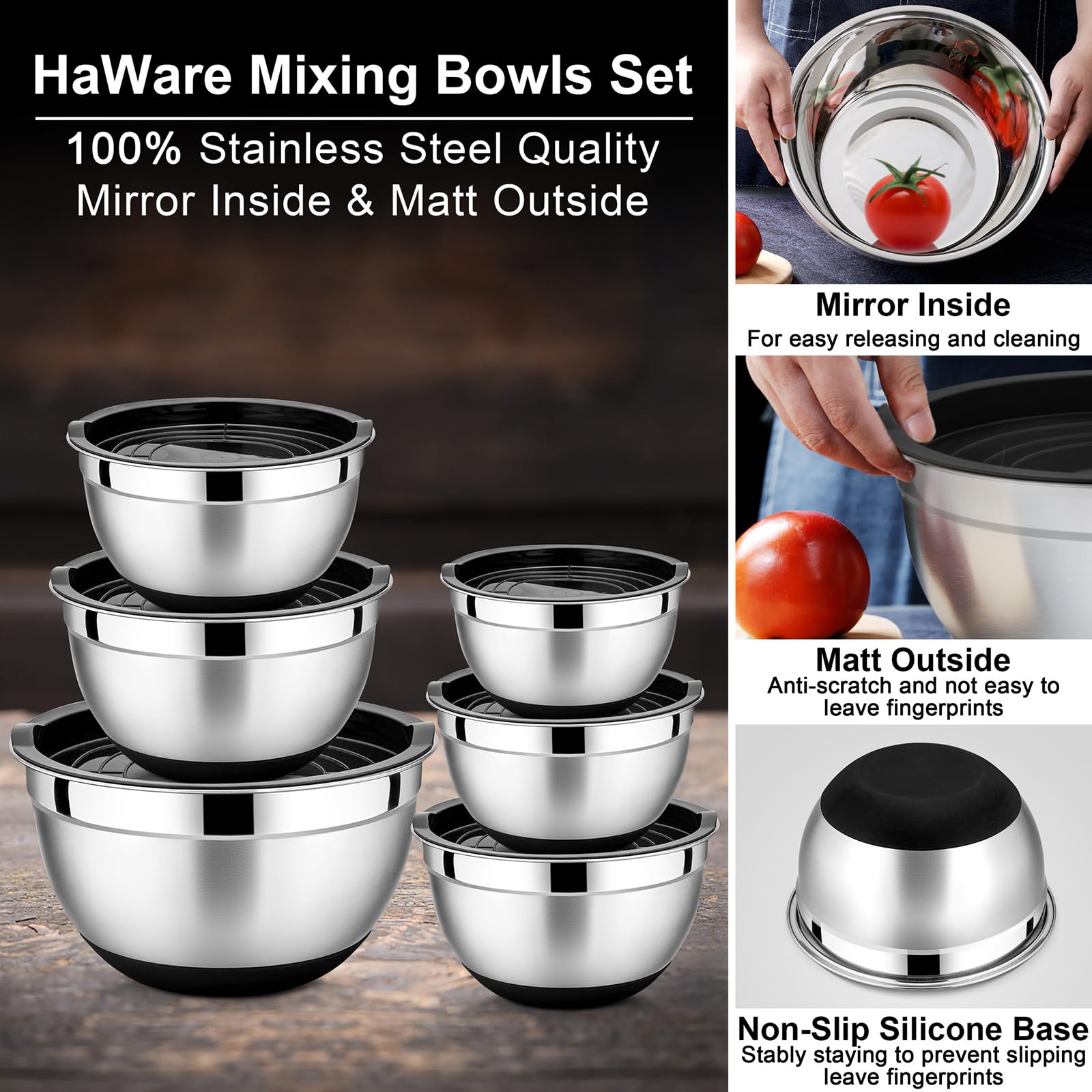 HaWare Mixing Bowl Set of 6, Stainless Steel Salad Bowl for Kitchen Baking Serving, Space-Saving Storage Metal Nesting Bowl - Image 3