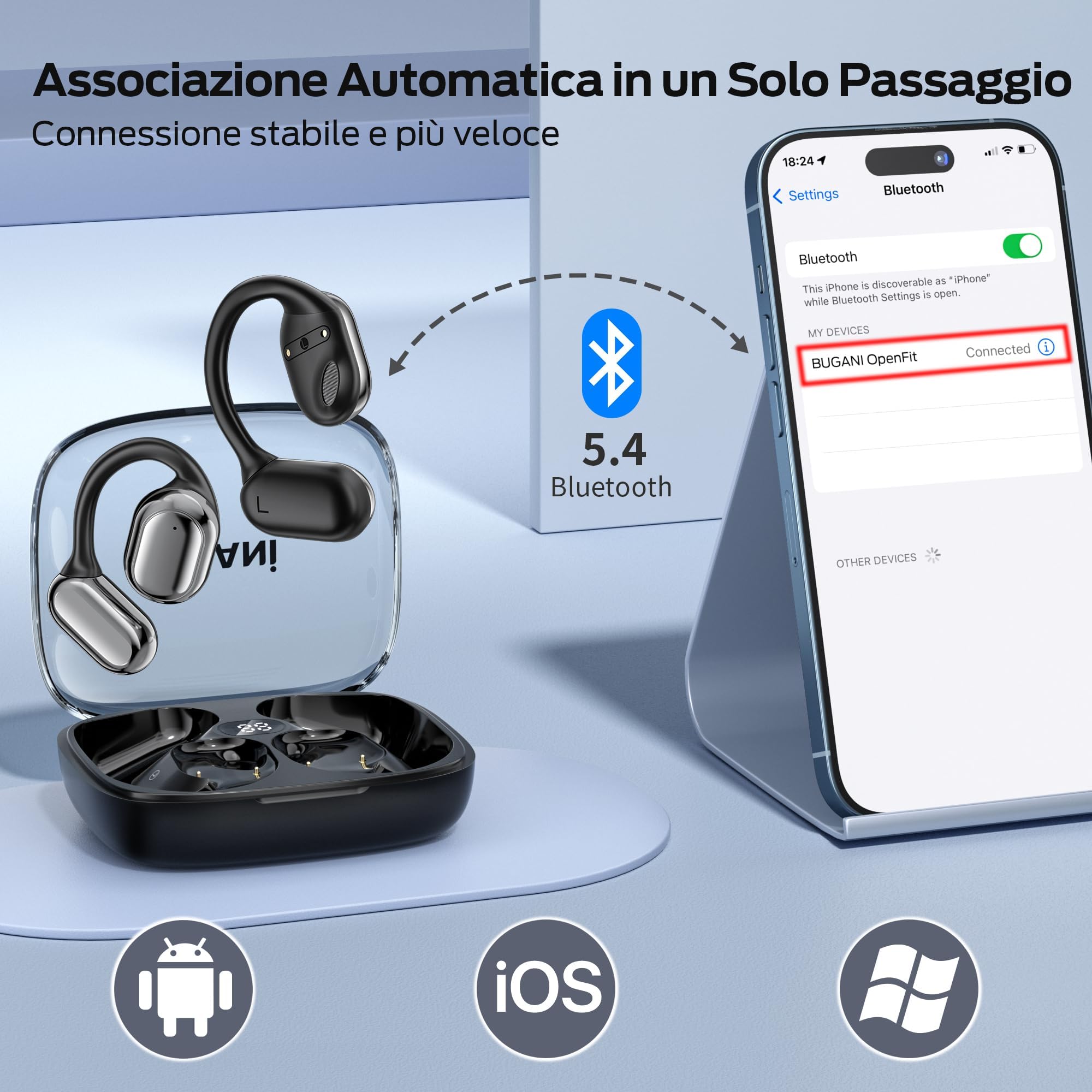 BUGANI Cuffie Bluetooth, Auricolari Wireless Open Ear Bluetooth 5.4, 30 Ore, Driver Di Grande Dimensioni Da 16,2 mm, Over Earbuds, Auricolari Sportivi Impermeabili Per Esterno
