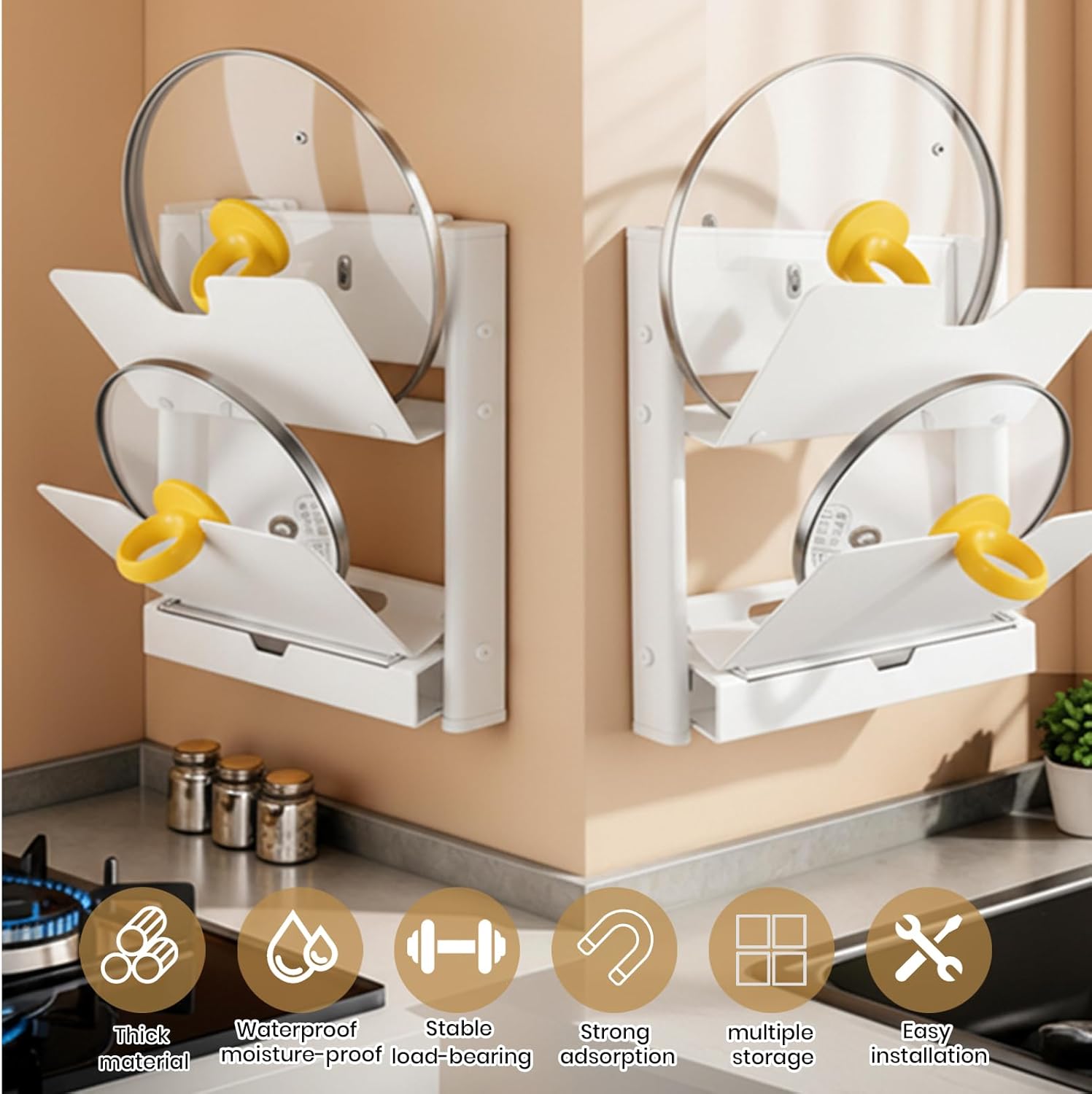Wall Mounted Foldable Pot Lid Organizer, No-Drill Suction Cup Pot Lid Holder, Lid Organizer with Drainage Holes & Water Tray, Rust-Resistant Aluminum for Kitchen