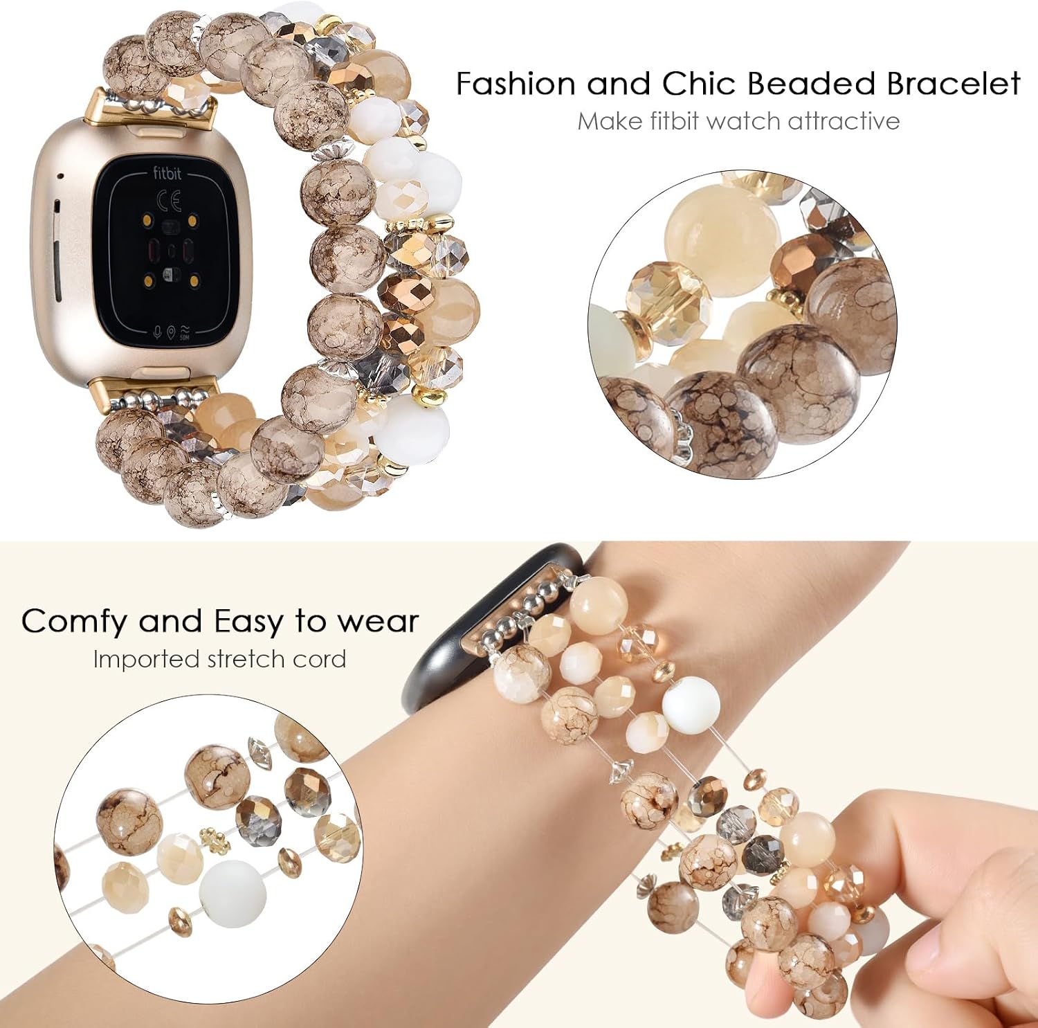 CAGOS Bracelet Compatible with Fitbit Versa 4 Bands/3/Sense/Sense 2 for Women, Handmade Beaded Elastic Replacement Wristband for Versa 2/1/Lite Watch/Special Edition Watch image 4