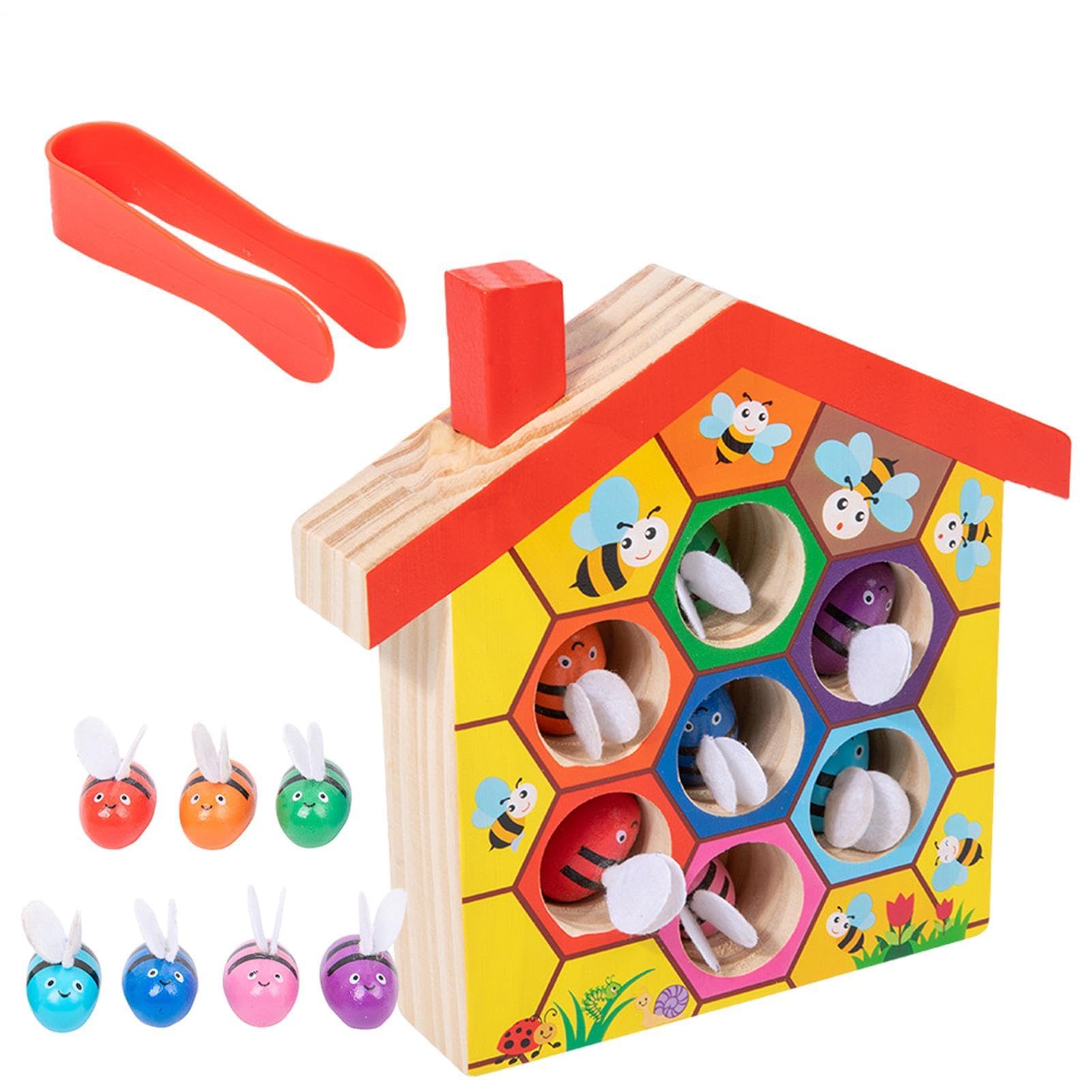 Wooden Bee Hive Toy - Wood Color Sorting Puzzle Fine Motor Skill Toy, Parent-child Interaction Color Puzzle, Hand Eye Coordination Sensory Game