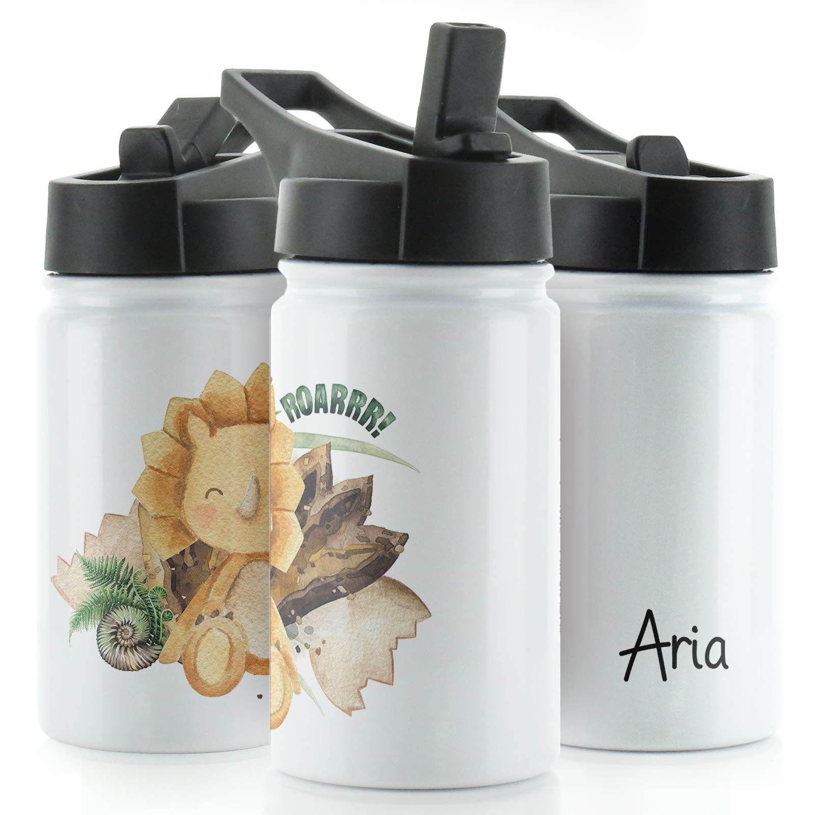 Hairyworm Personalised Water Bottle, 350ml White Sports Flask with Straw Cap Flip Lid, Stainless Steel, Customised with Initial/Name, Orange Triceratops Dinosaur Print Design, Dinosaur Water Bottle — image 1
