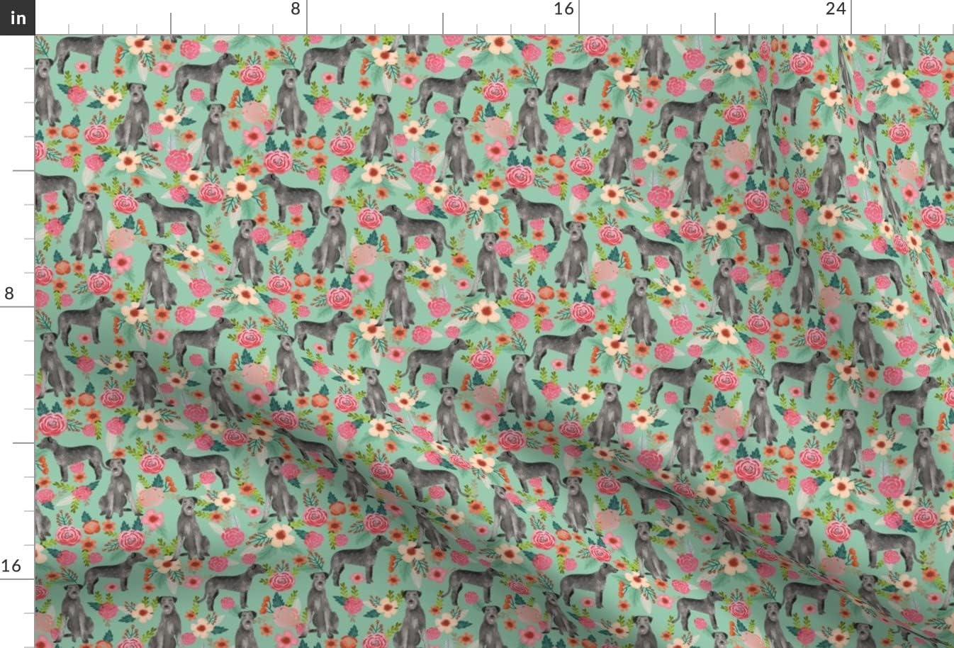 Spoonflower Fabric - Irish Wolfhound Floral Dogs Breeds Mint Pet Portrait Printed on Minky Fabric by The Yard - Sewing Baby Blankets Quilt Backing Plush