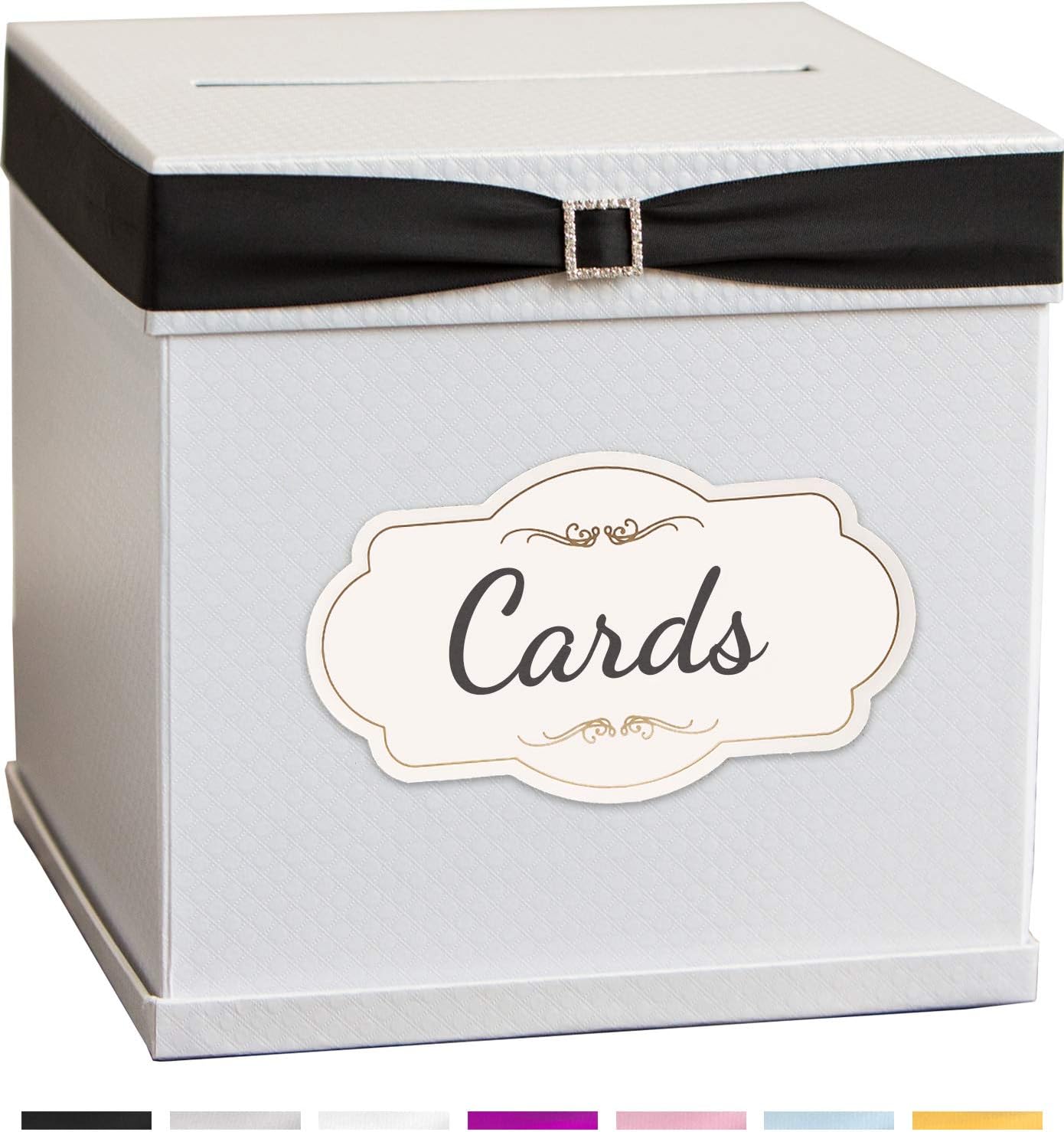 Merry Expressions Card Box with 7 Satin Ribbon Colors & Rhinestone Buckle, 10" x 10" Large, Beautiful Elegant White Finish - Perfect Gifts, Birthdays, Graduations, Bridal or Baby Showers