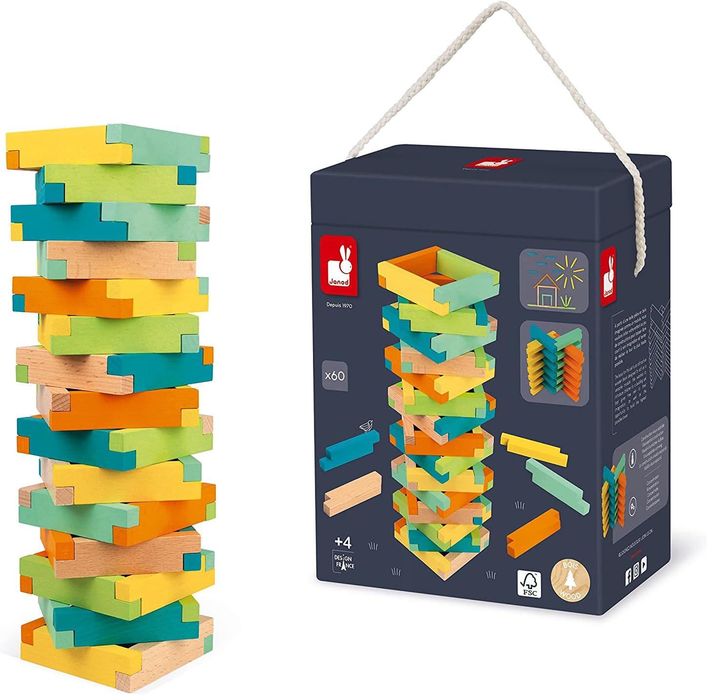 Janod 60 Piece Unique Wooden Building Kit with Notched Blocks - Ages 4+ - J08300