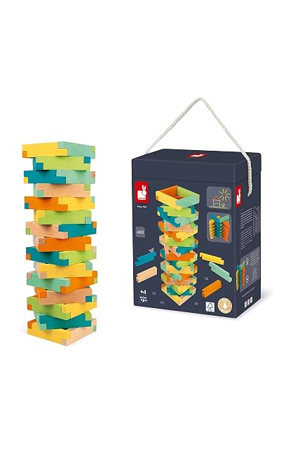 Janod - Barril de Construcción de Madera 60 Piezas - Juego de Construcción - Motricidad Fina y Concentración