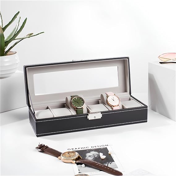 Watch Box for Men,Organizer 6 Slot Watch Display Case,Men Jewelry Box Storage Case,Lined with Soft Velvet and Holder Organizer for Women -6 Slot, Black