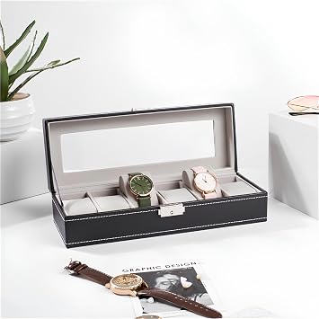 Watch Box for Men,Organizer 6 Slot Watch Display Case,Men Jewelry Box Storage Case,Lined with Soft Velvet and Holder Organizer for Women -6 Slot, Black