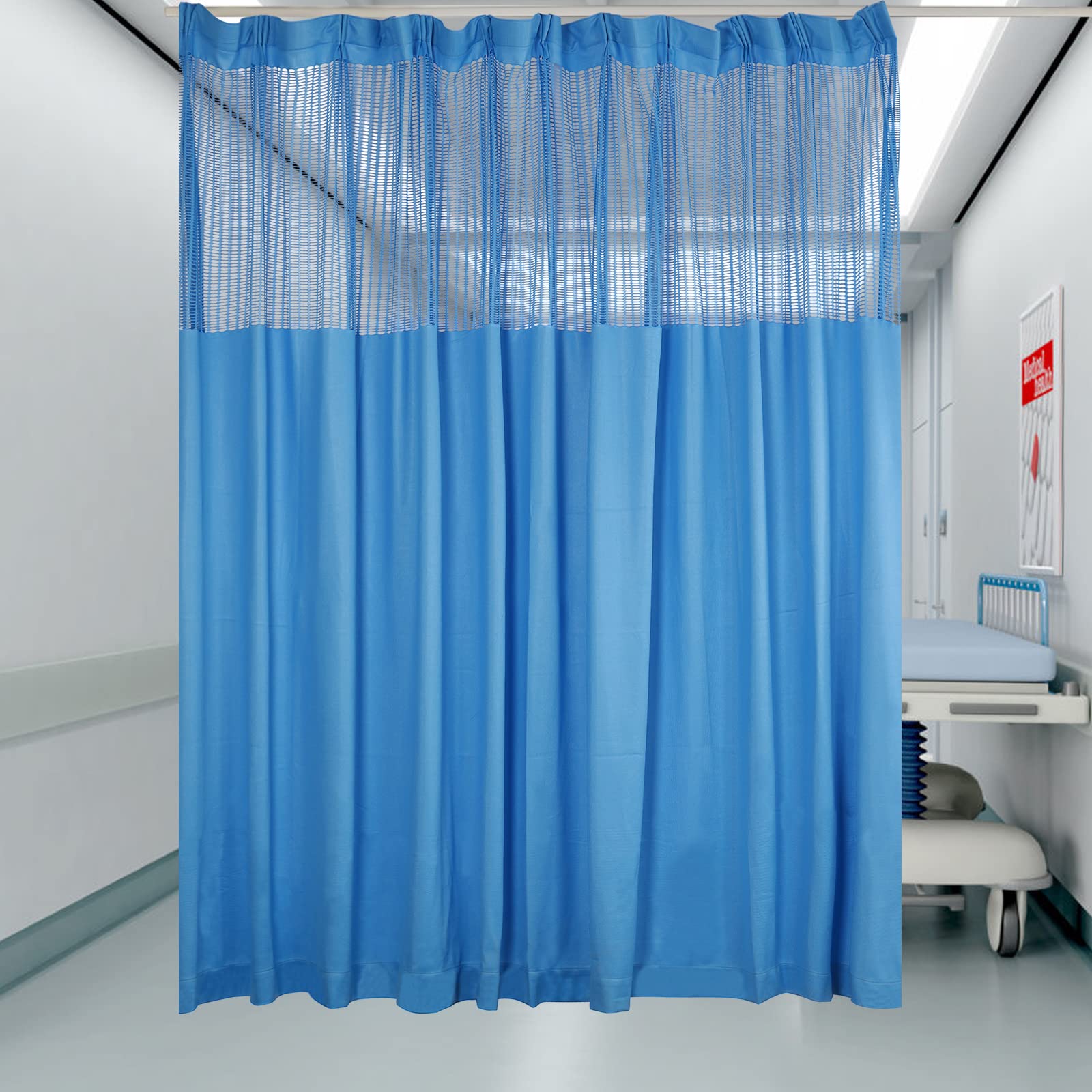 Room Divider Curtain, Privacy Cubicle Curtain with Mesh Top, 1 Panel, 9ft Wide x 8ft Tall Grommet Curtain, Freestanding Hanging Room Divider Curtain Rod for Studio Rental Hospital (Blue)