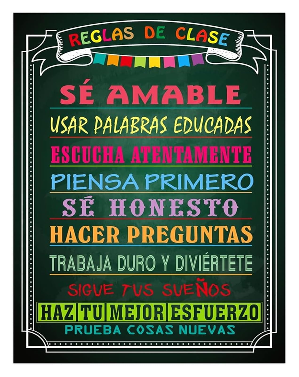 MDBJTCYZN Kindergarten Spanish Motivational Poster - Español Rule Chart for Elementary High School Classroom Decor(Framed,12x18inch(30x45cm))