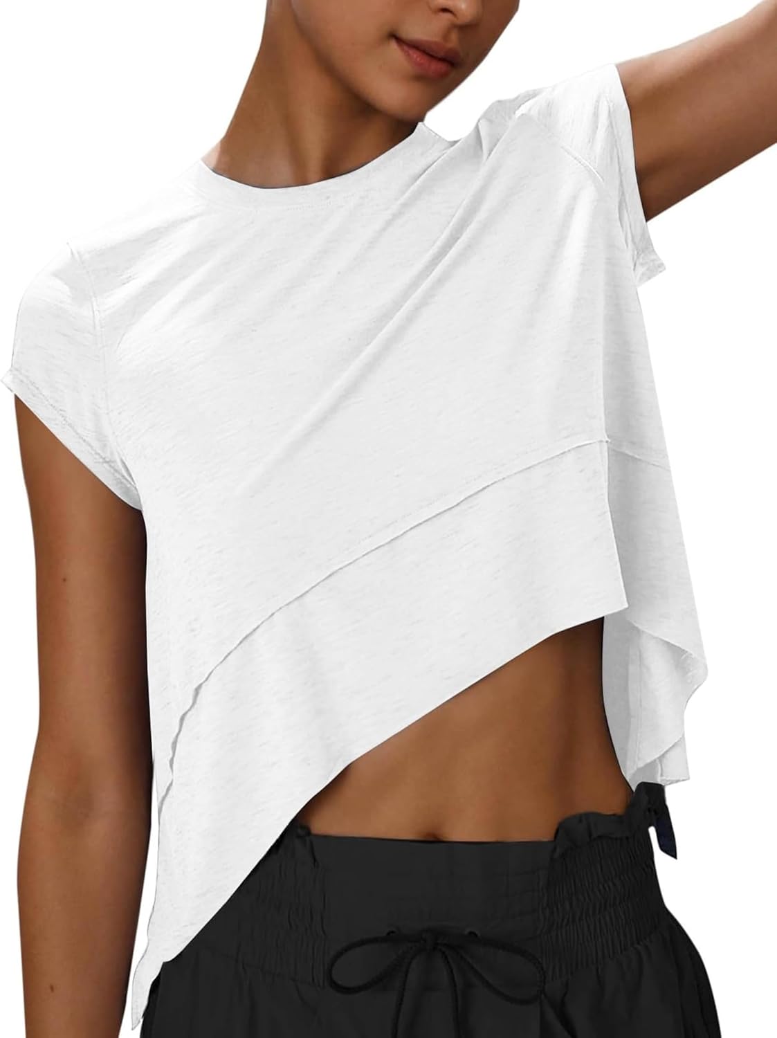 Kumufenc Womens Cropped Workout Tops Athletic T Shirts | workout atheltic tops for women cap sleeve cropped t shirts solid color crew neck shirts