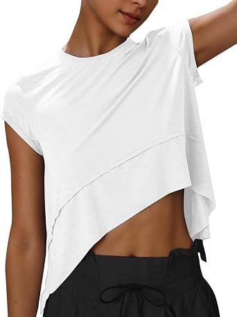 Kumufenc Womens Cropped Workout Tops Athletic T ShirtsWhite,S