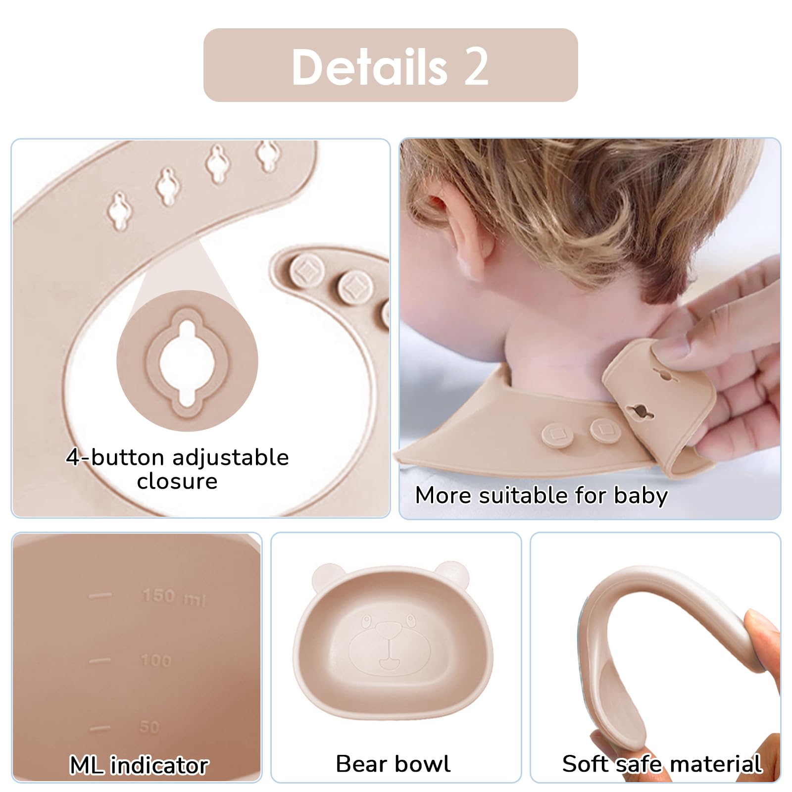 14 pièces Coffret Repas Bebe Silicone, Assiette bebe Set avec Ventouse Assiette Bol Fourche Cuillère Bavoir et Tasse, Enfant Set Couverts Vaisselle Pour Sevrage Manger (Beige)