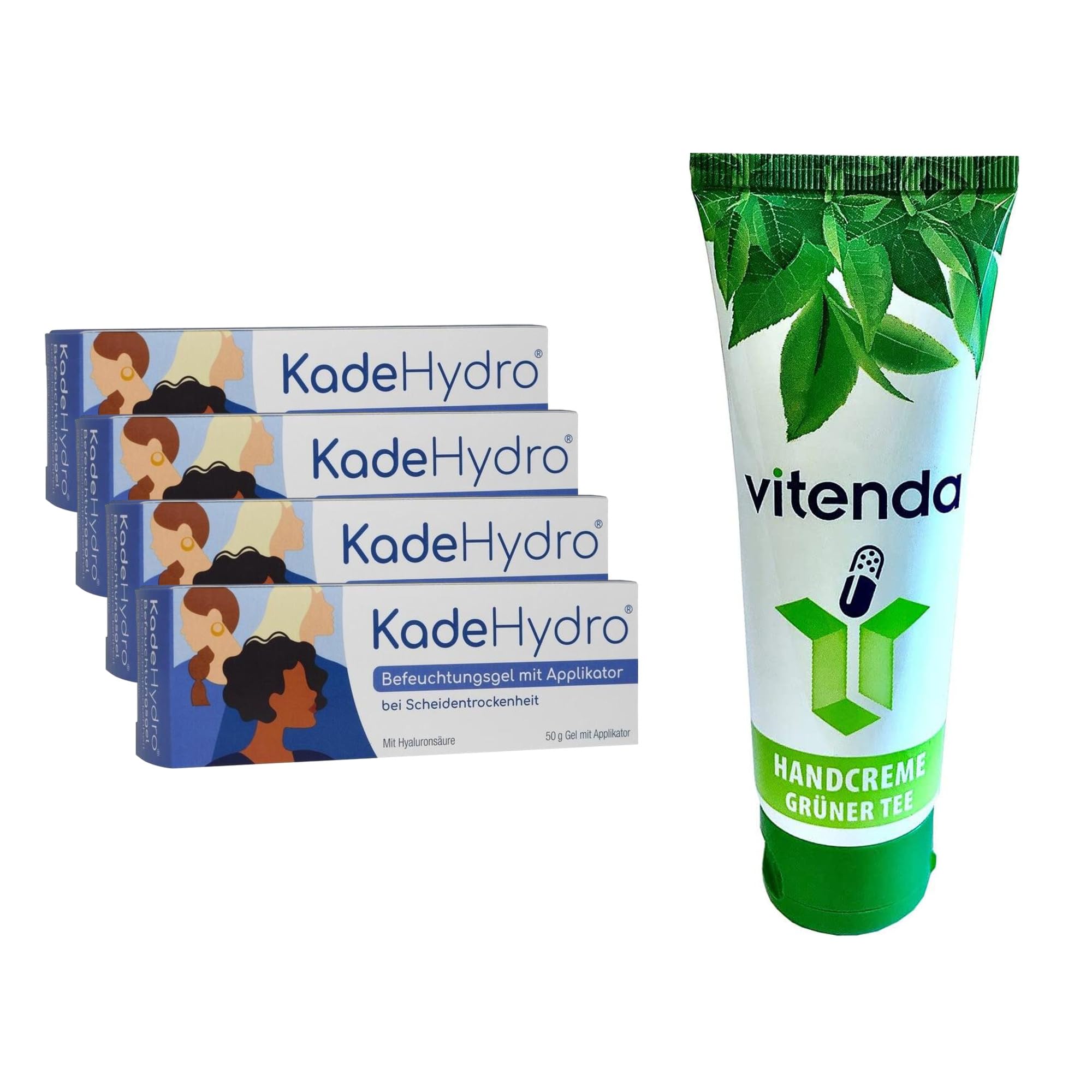 Set: Befeuchtungsgel bei Scheidentrockenheit mit KadeHydro, hormonfrei mit Hyaluronsäure & Applikator, 4x50g – inkl. vitenda Handcreme
