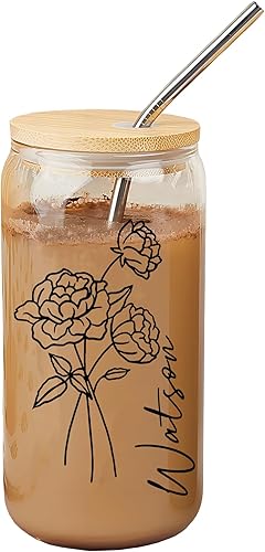 Miniatura 9 de Tazas de café helado personalizadas con tapas y pajitas, vidrio colorido, nombre personalizado y vaso de flor de nacimiento para ella, amiga,
