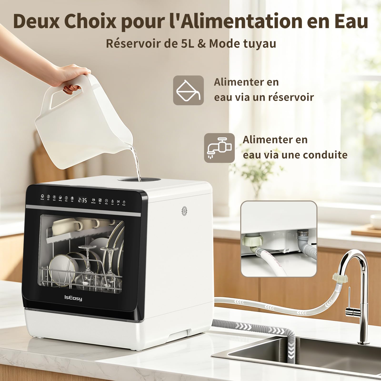 Mini lave-vaisselle de table 950 W, 3 couverts, 5L réservoir amovible, 7 programmes, 72 °C, écran LED tactile