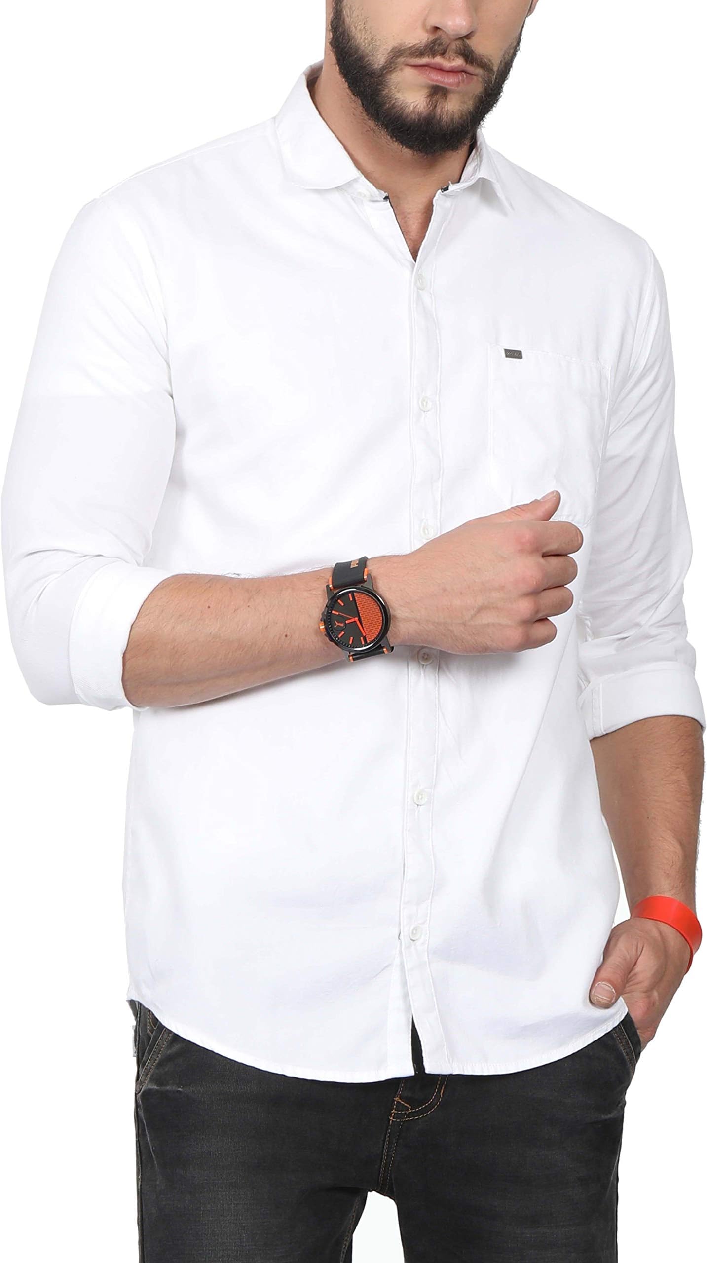 NORTH REPUBLIC Men's White Plain Matty Cotton Full Sleeves Stylish Casual Shirt