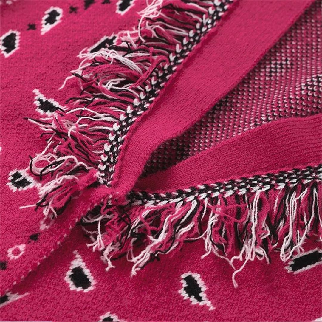 Women Tassel Patchwork Printed Cardigan Geometric Patterns Belts V-Neck Long Sleeve Knitted Sweater Coat