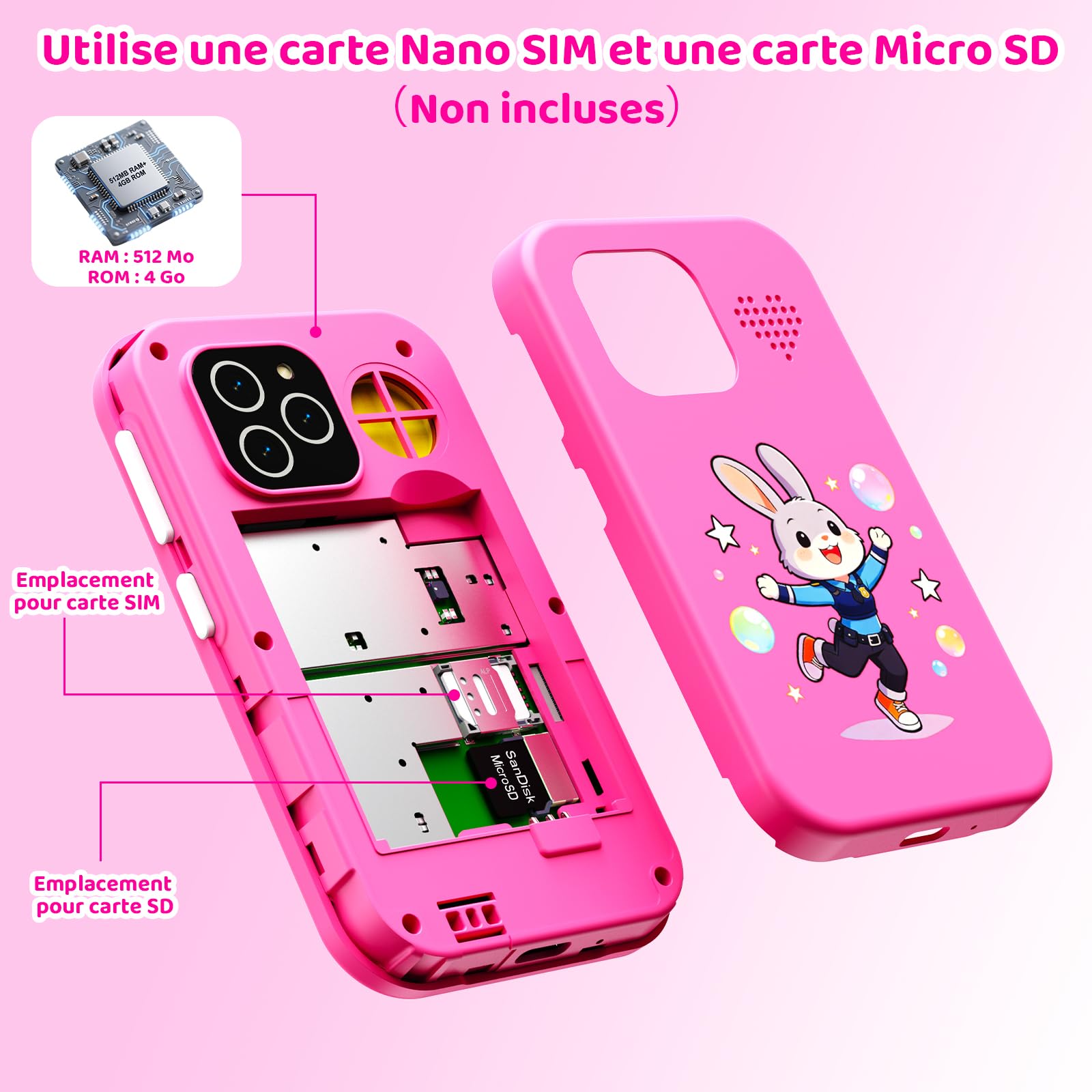 CHAKEYAKE Téléphone Enfant, Smartphone Enfant Mini sans Abonnement, Écran Tactile HD 3,5", Appareil Photo, Jeux Éducatifs, Batterie 1000 mAh, USB-C, Cadeau Noël & Anniversaire Enfants 3-12, Rose